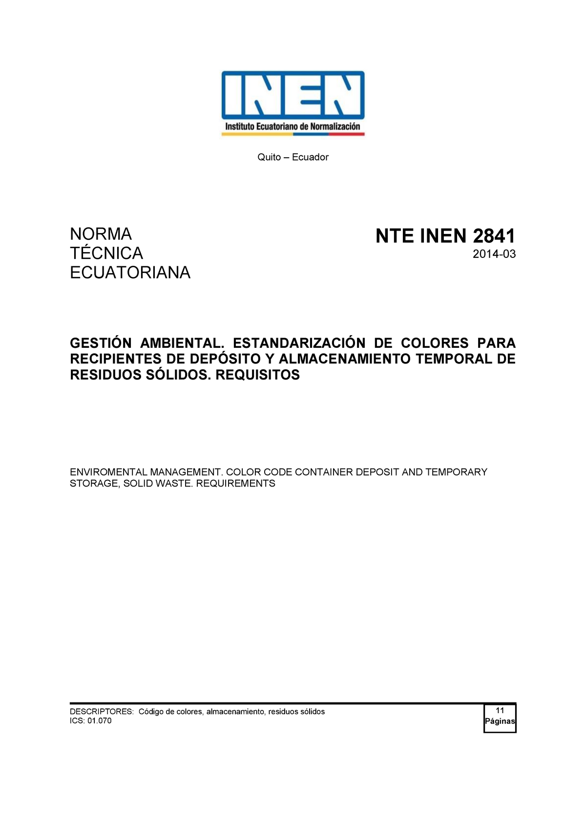 Nte Inen 2841 - GESTIÓN AMBIENTAL. ESTANDARIZACIÓN DE COLORES PARA ...