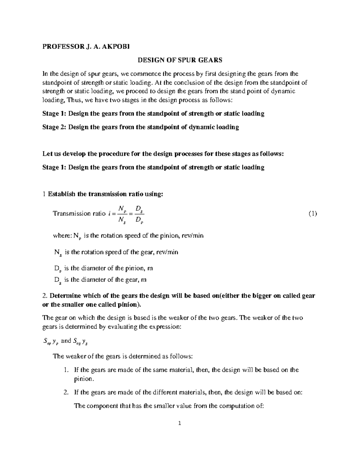 L1-SPUR Gears- Design Basics - PROFESSOR J. A. AKPOBI DESIGN OF SPUR ...