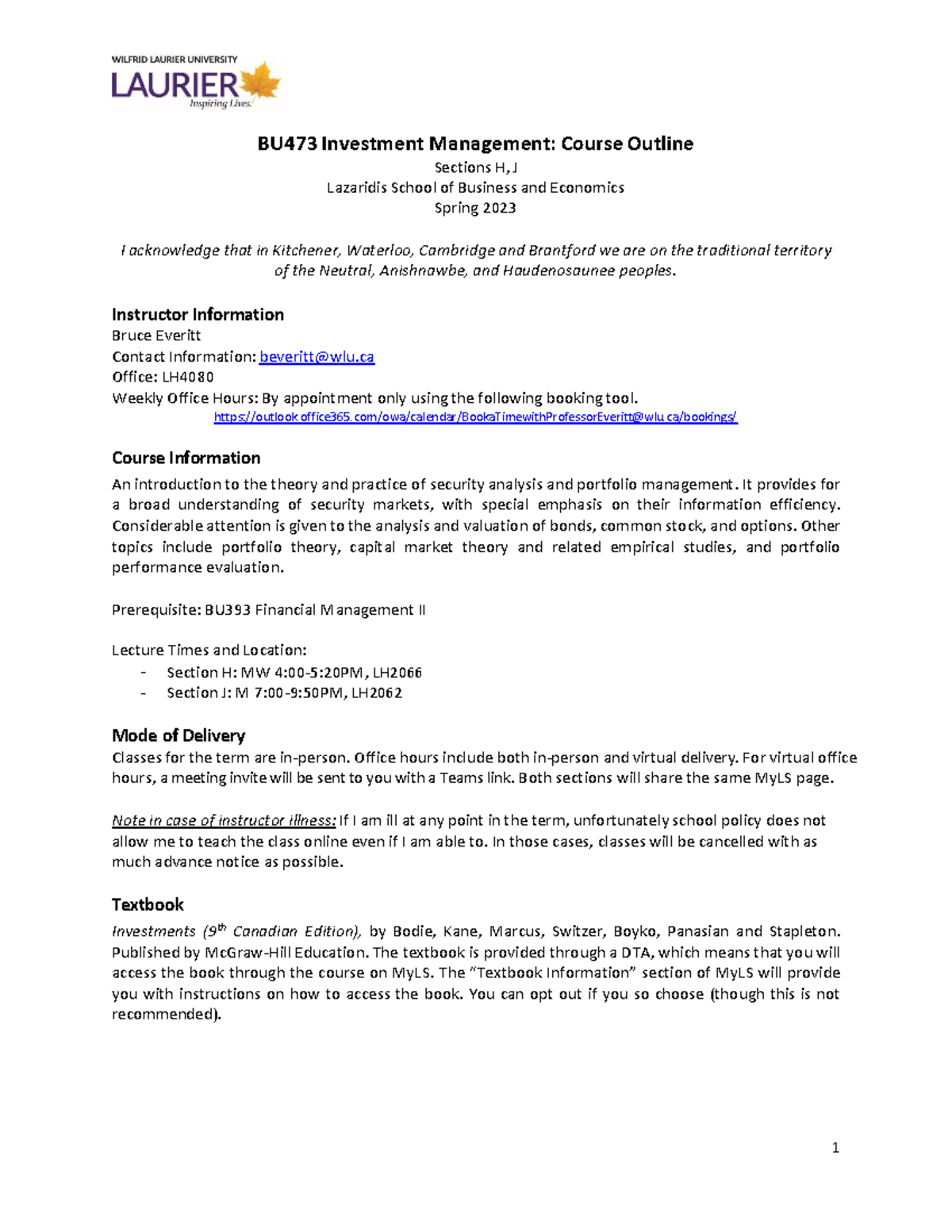 BU473 Course Outline S23 - BU473 Investment Management: Course Outline ...
