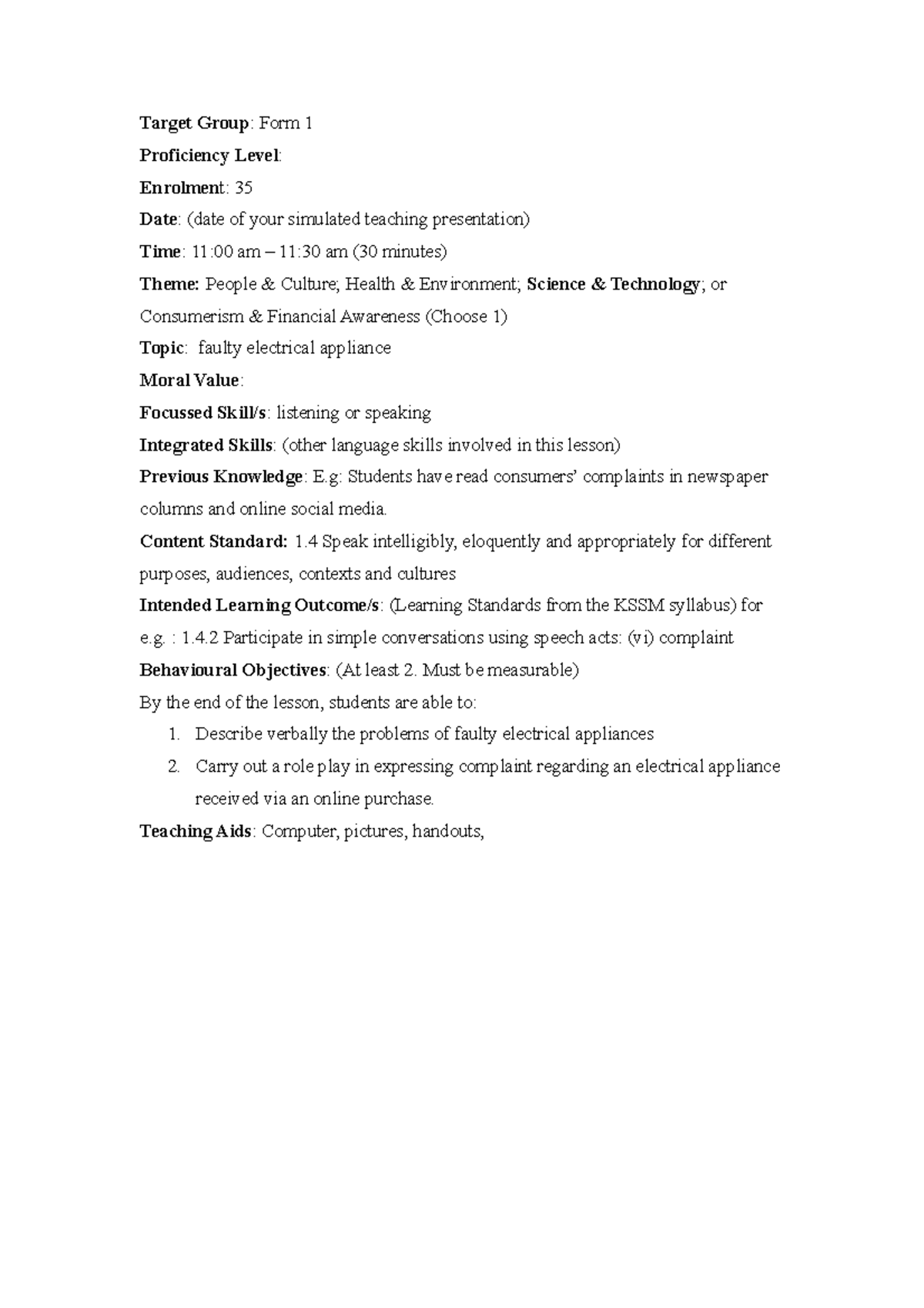 Lesson Plan Template - sdcdsvsvebeb - Target Group : Form 1 Proficiency ...