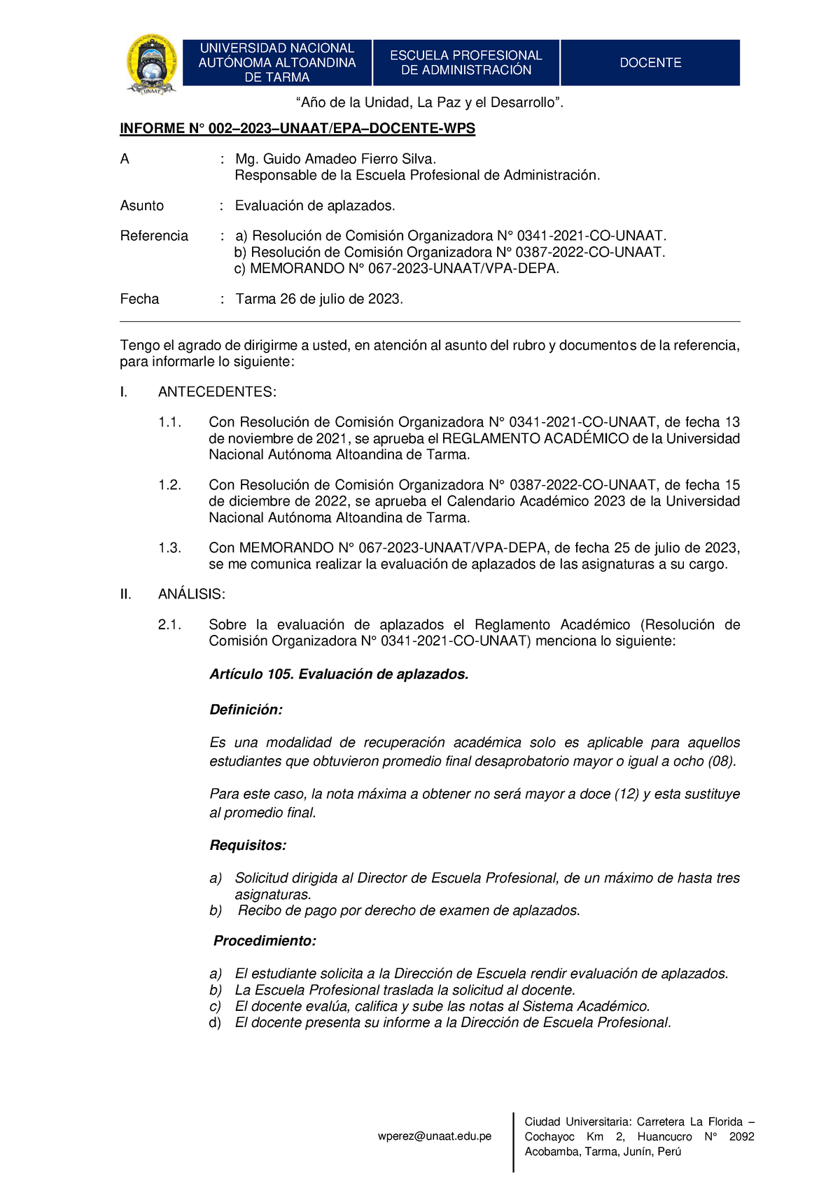 Informe N° 002-2023– Unaatepan– Docente-WPS Evaluación de aplazados ...