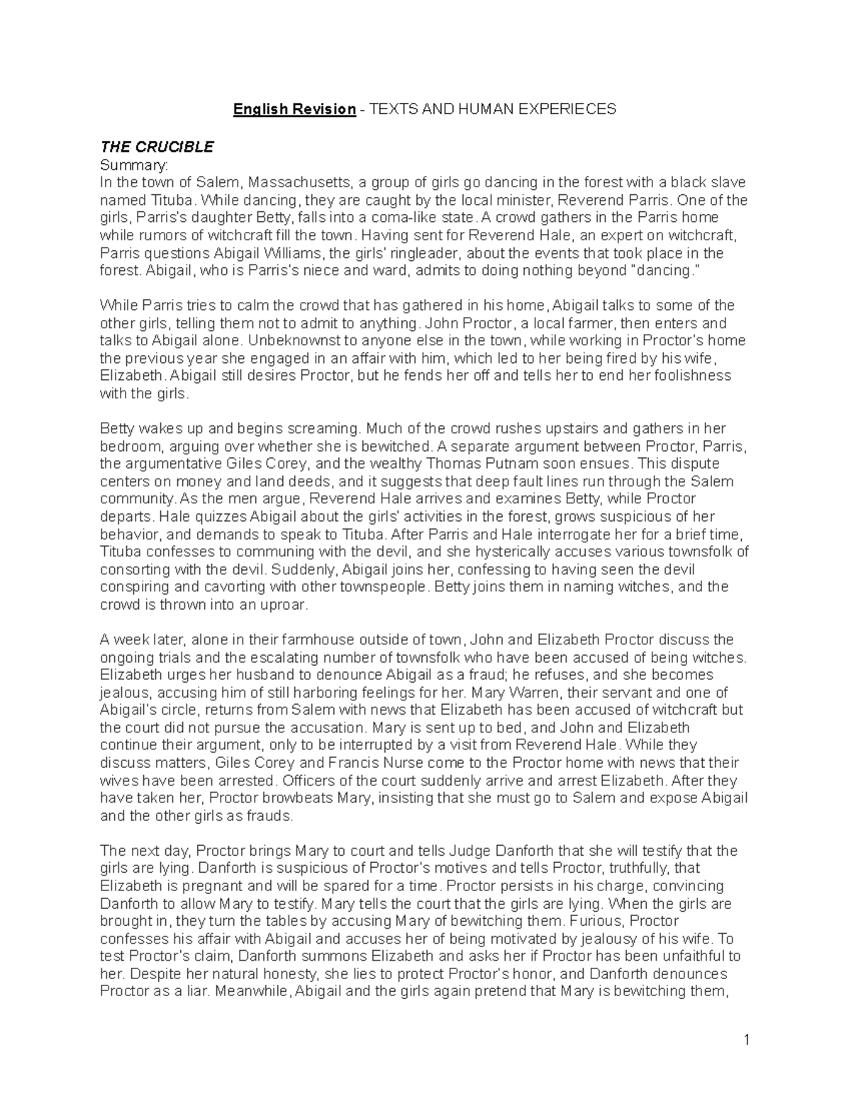 English revision Some context and quotes from the crucible also