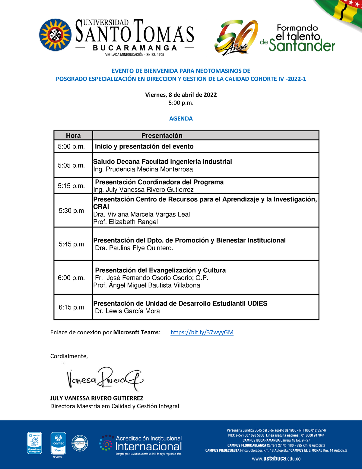 Agenda Bienvenida EDGC CH4 - EVENTO DE BIENVENIDA PARA NEOTOMASINOS DE ...