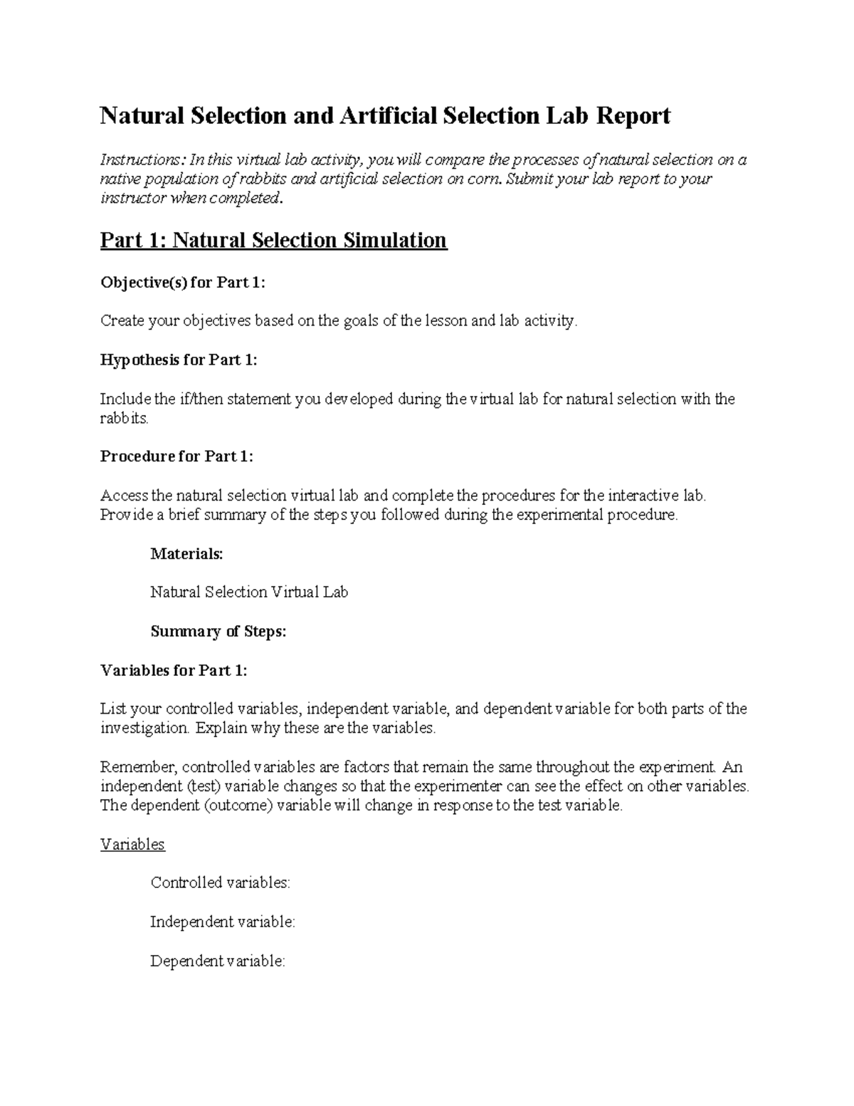 07 02 natural and artificial selection lab report Natural Selection