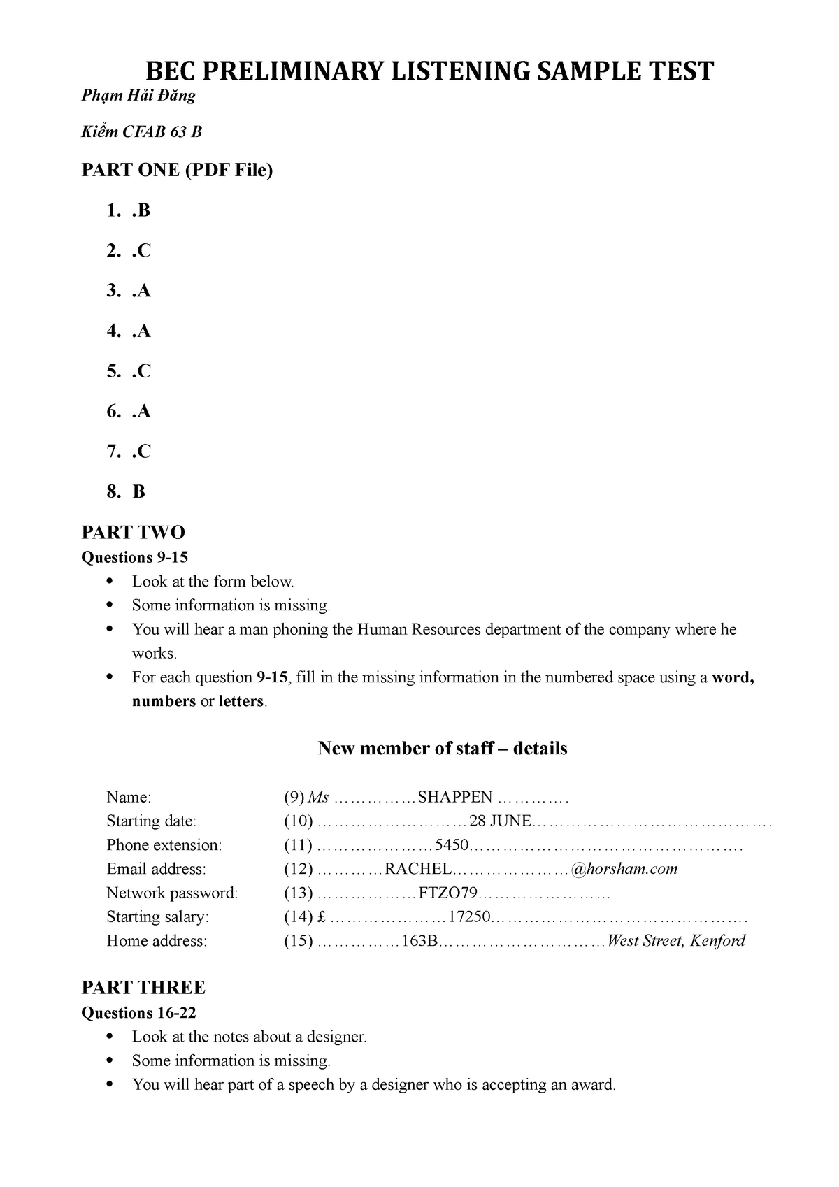 BEC Preliminary Listening Sample TEST - BEC PRELIMINARY LISTENING ...