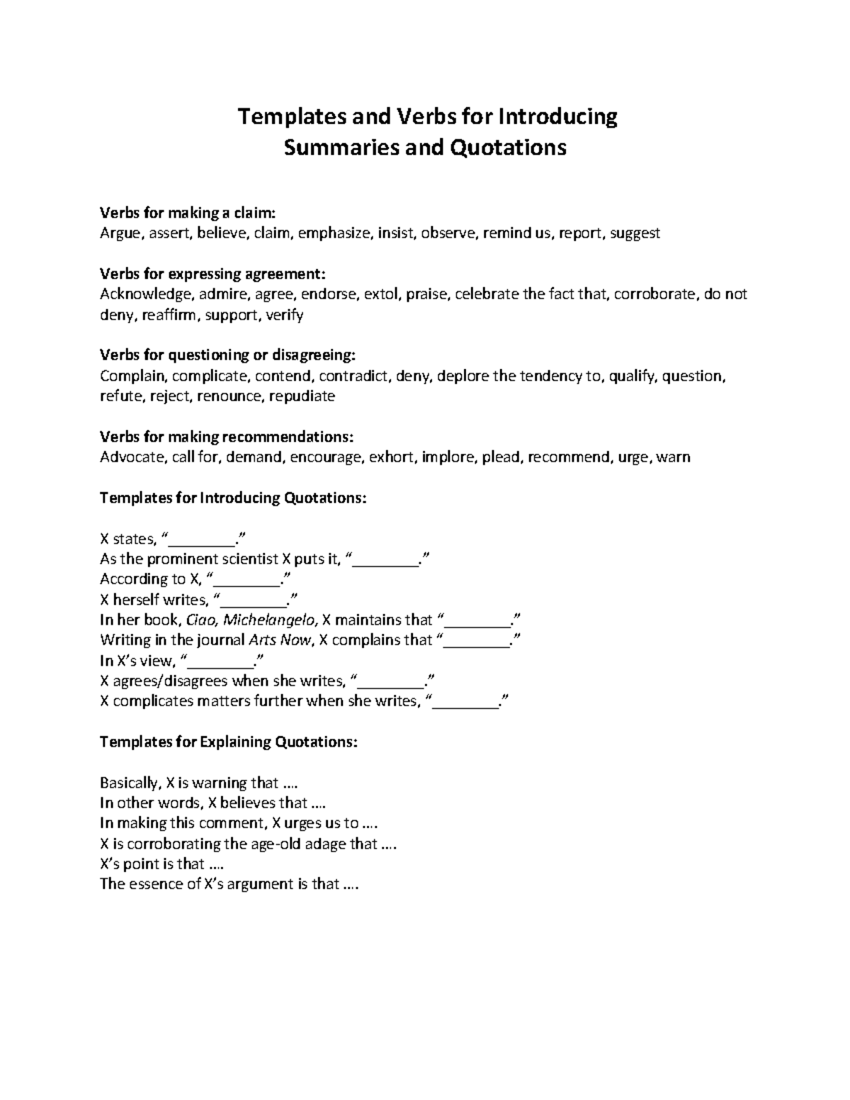 Templates And Verbs For Introducing And Analyzing Summaries And 