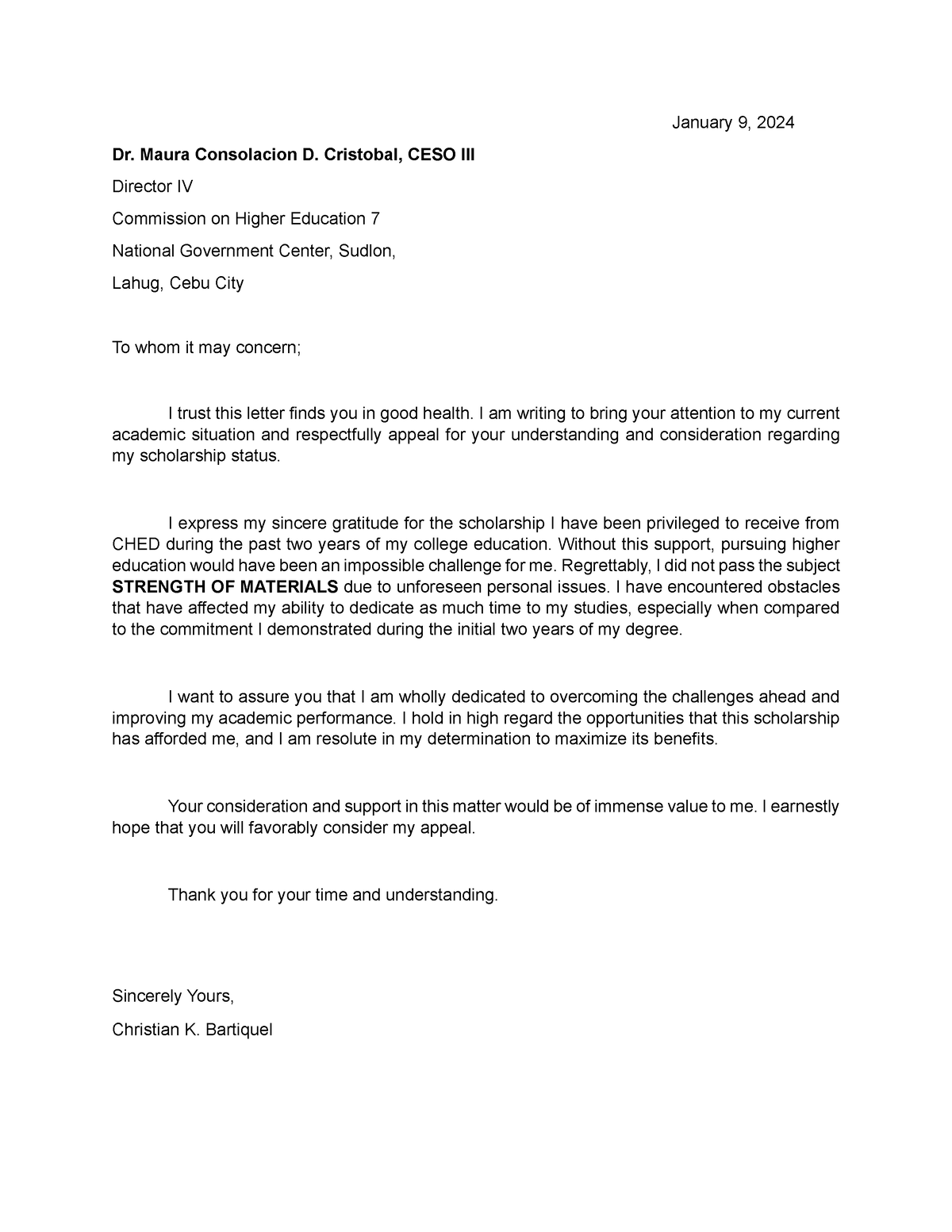 Letter of Consideration - January 9, 2024 Dr. Maura Consolacion D ...