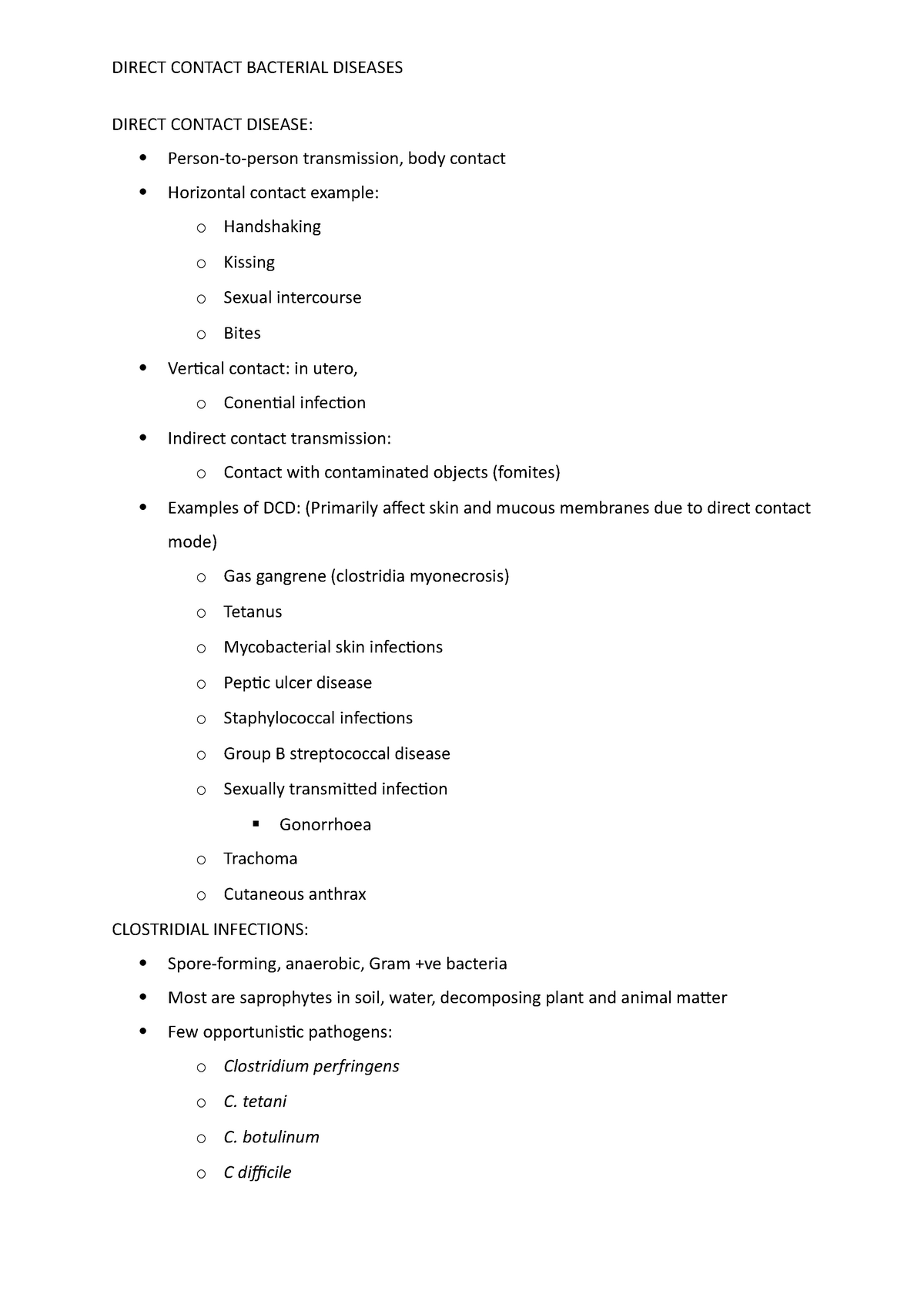 MICR2209 Lecture 7 (notes) - DIRECT CONTACT BACTERIAL DISEASES DIRECT ...