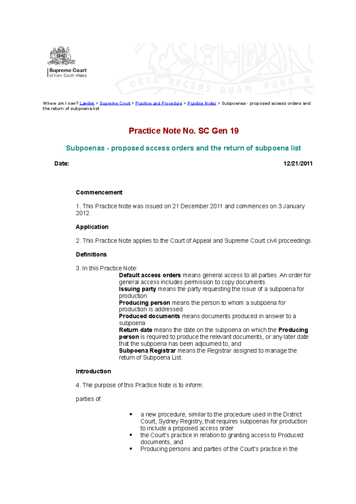 Wk 5 Subpoenas Practice Note No. SC Gen 19 - Where am I now? Lawlink ...