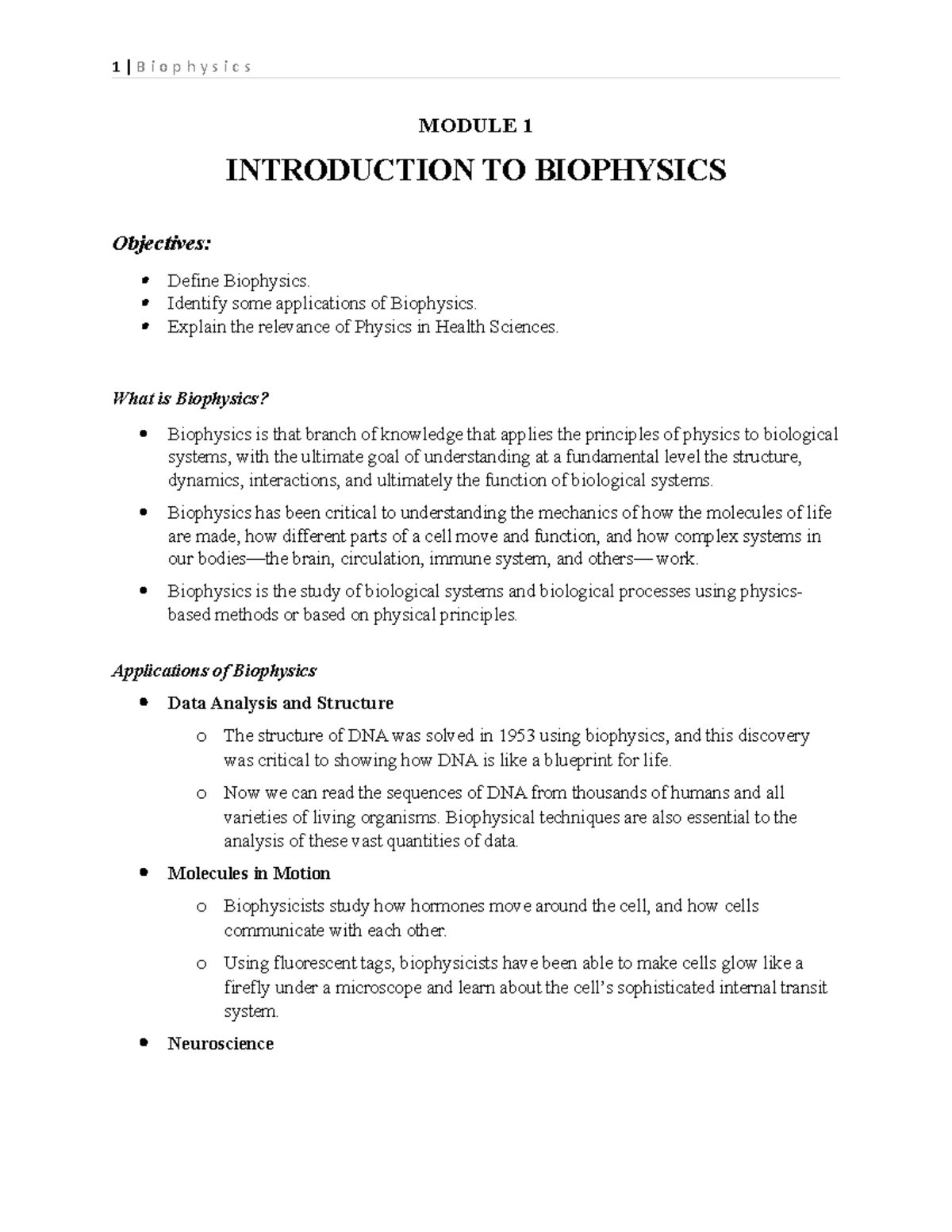 Module 1 - Notes - MODULE 1 INTRODUCTION TO BIOPHYSICS Objectives ...