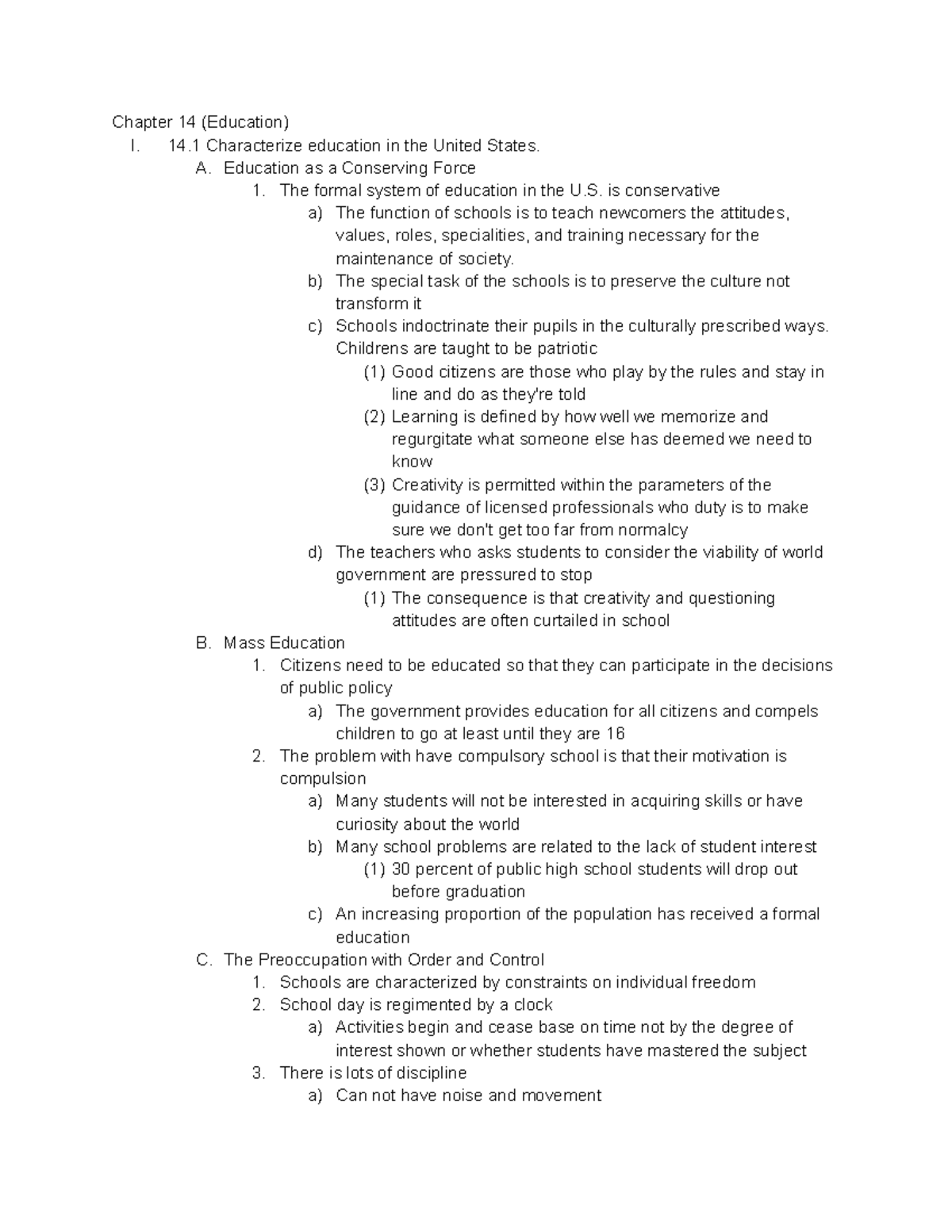 Chapter summaries for test three final - Chapter 14 (Education) I. 14 ...