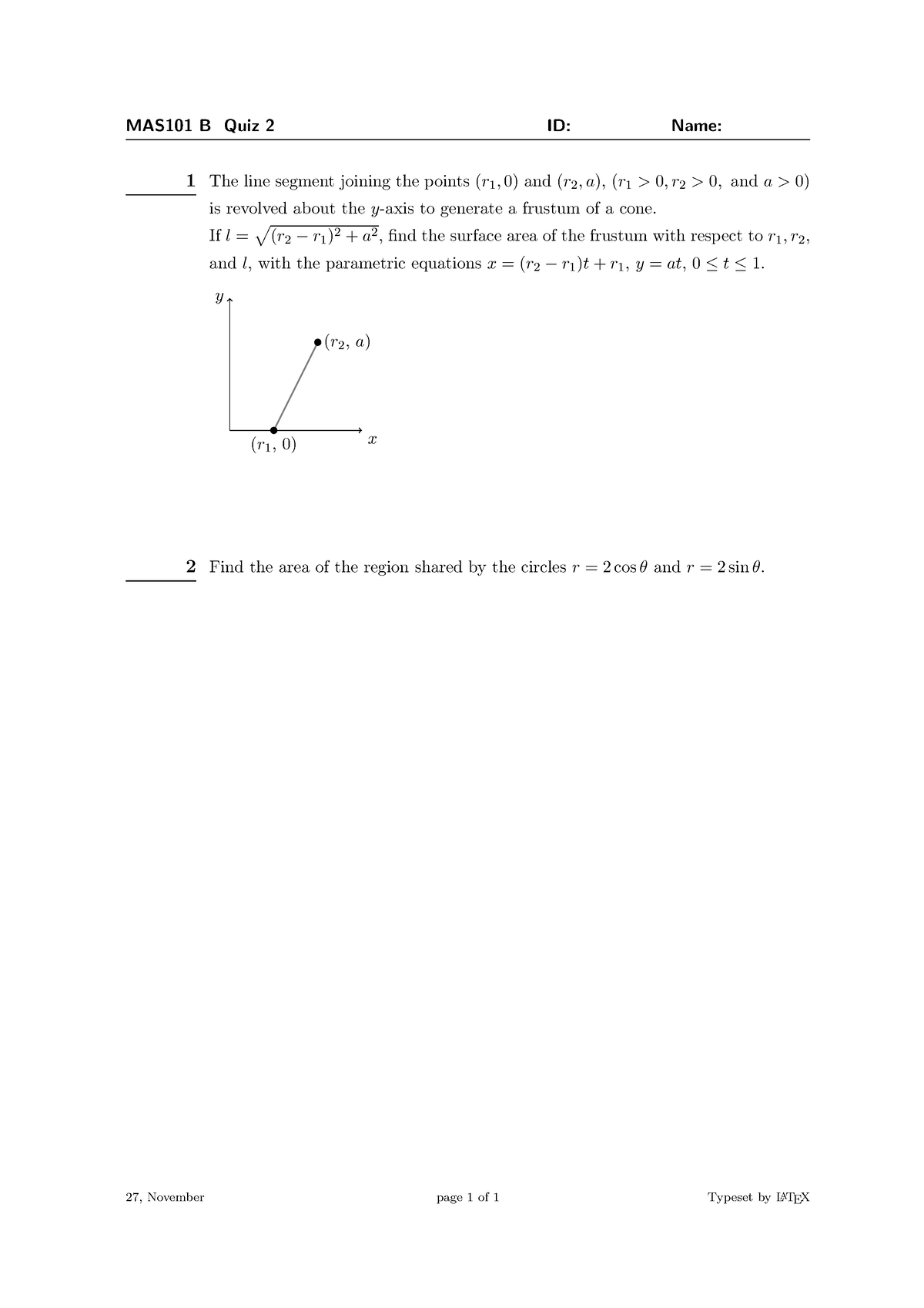 Quiz4 B - Quizzes - MAS101 B Quiz 2 ID: Name: 1 The Line Segment ...