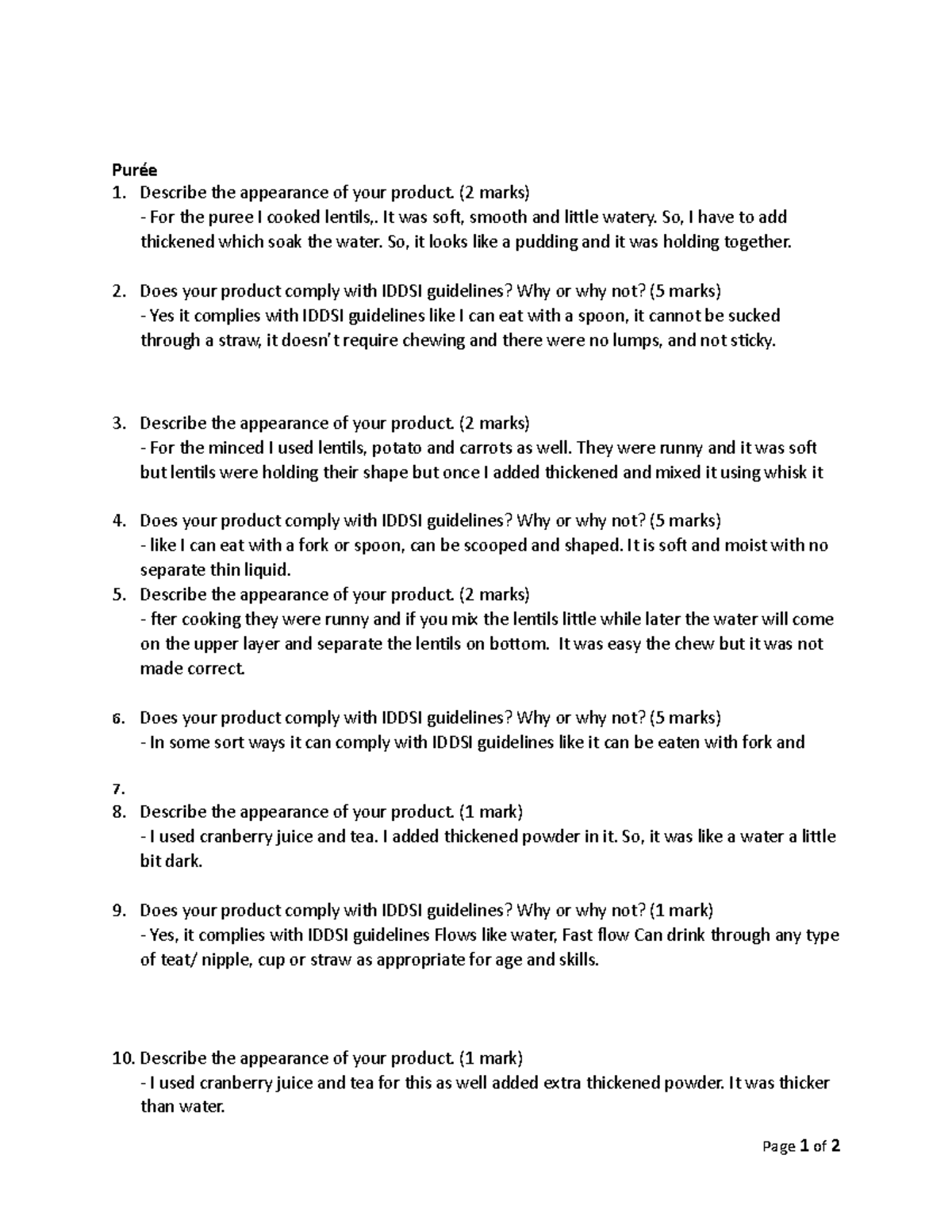 4 - Practice test - Purée Describe the appearance of your product. (2 ...