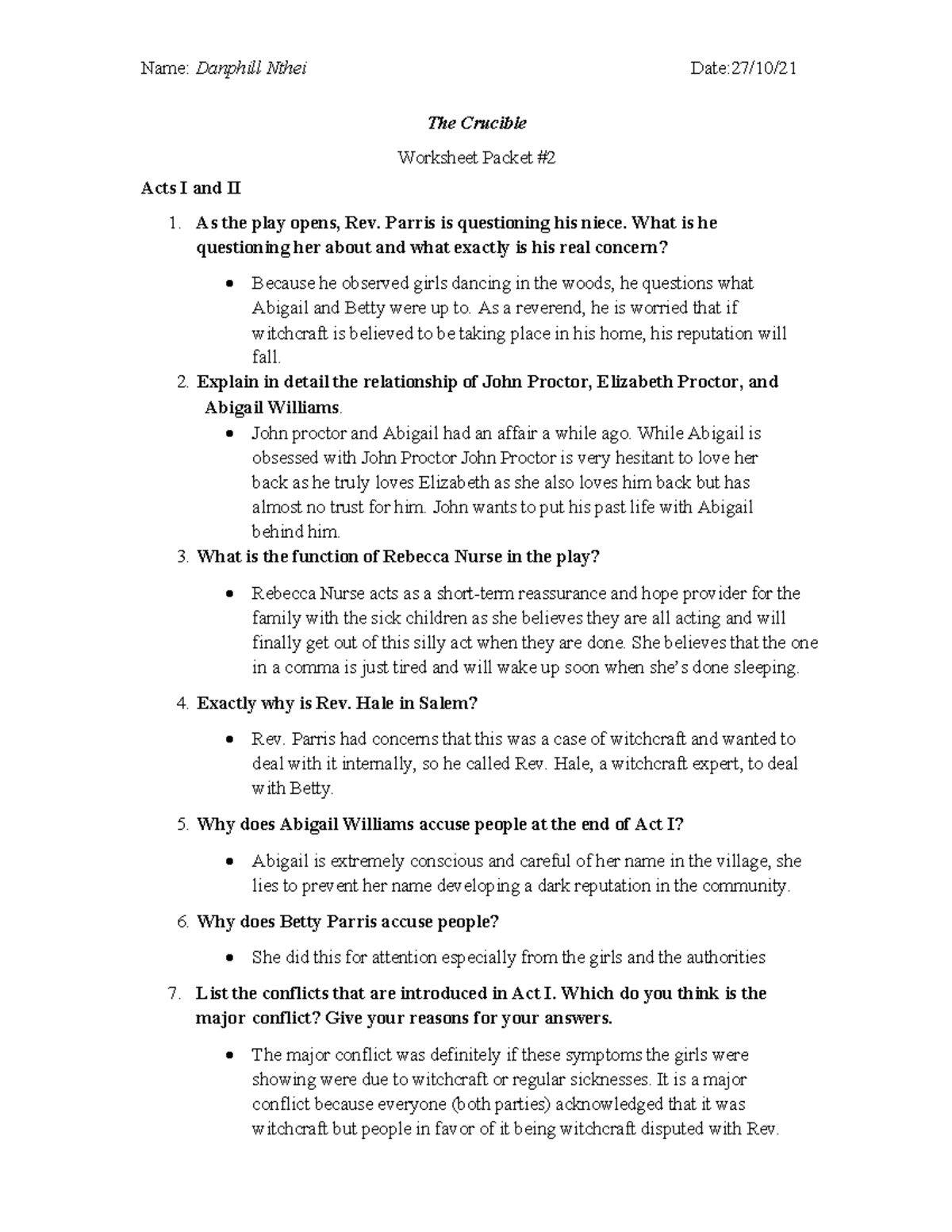 The Crucible worksheet - Acts I and II The Crucible Worksheet Packet ...