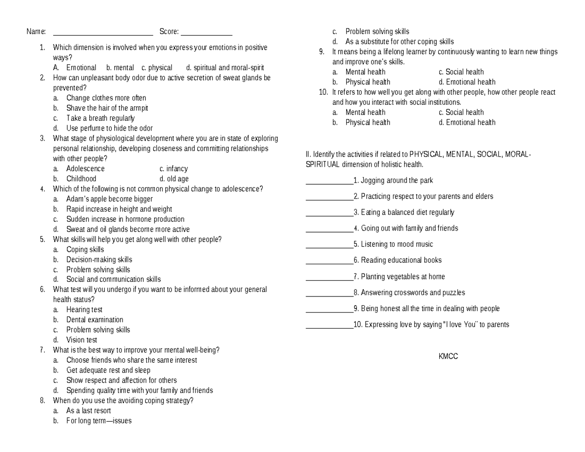 Grade 7 Health 1ST Grading - Name: ___________________________ Score ...