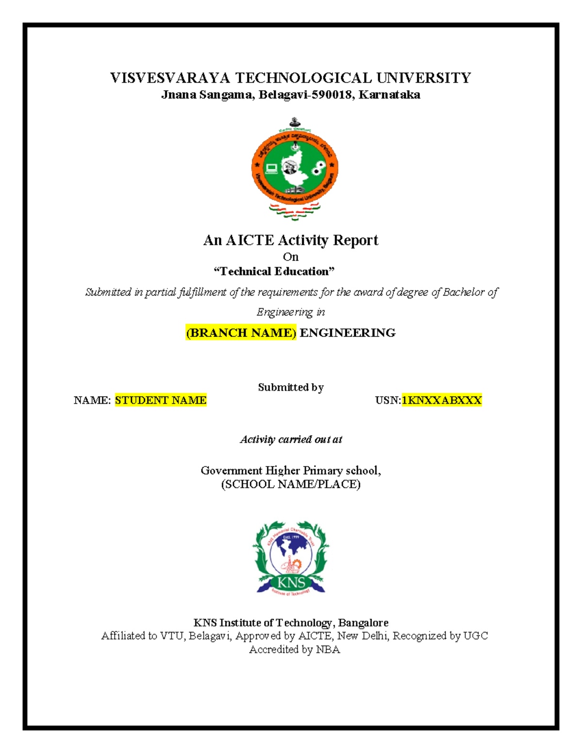 Knsit Report Format - cscs - VISVESVARAYA TECHNOLOGICAL UNIVERSITY ...