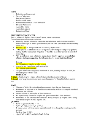 Iqrar Iqrar Definition And Its Concept Types Of Admission Oral Written Gesture Inside Outside Studocu