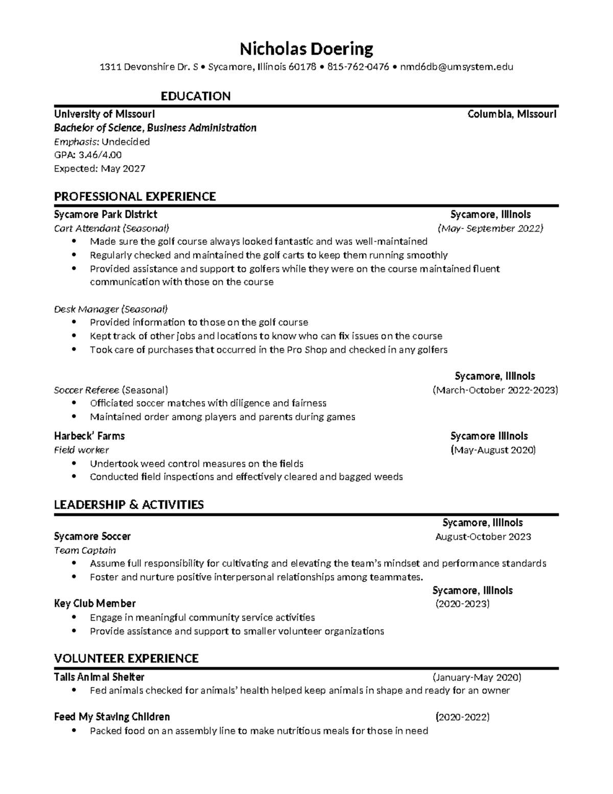 Resume - Nicholas Doering 1311 Devonshire Dr. S • Sycamore, Illinois ...