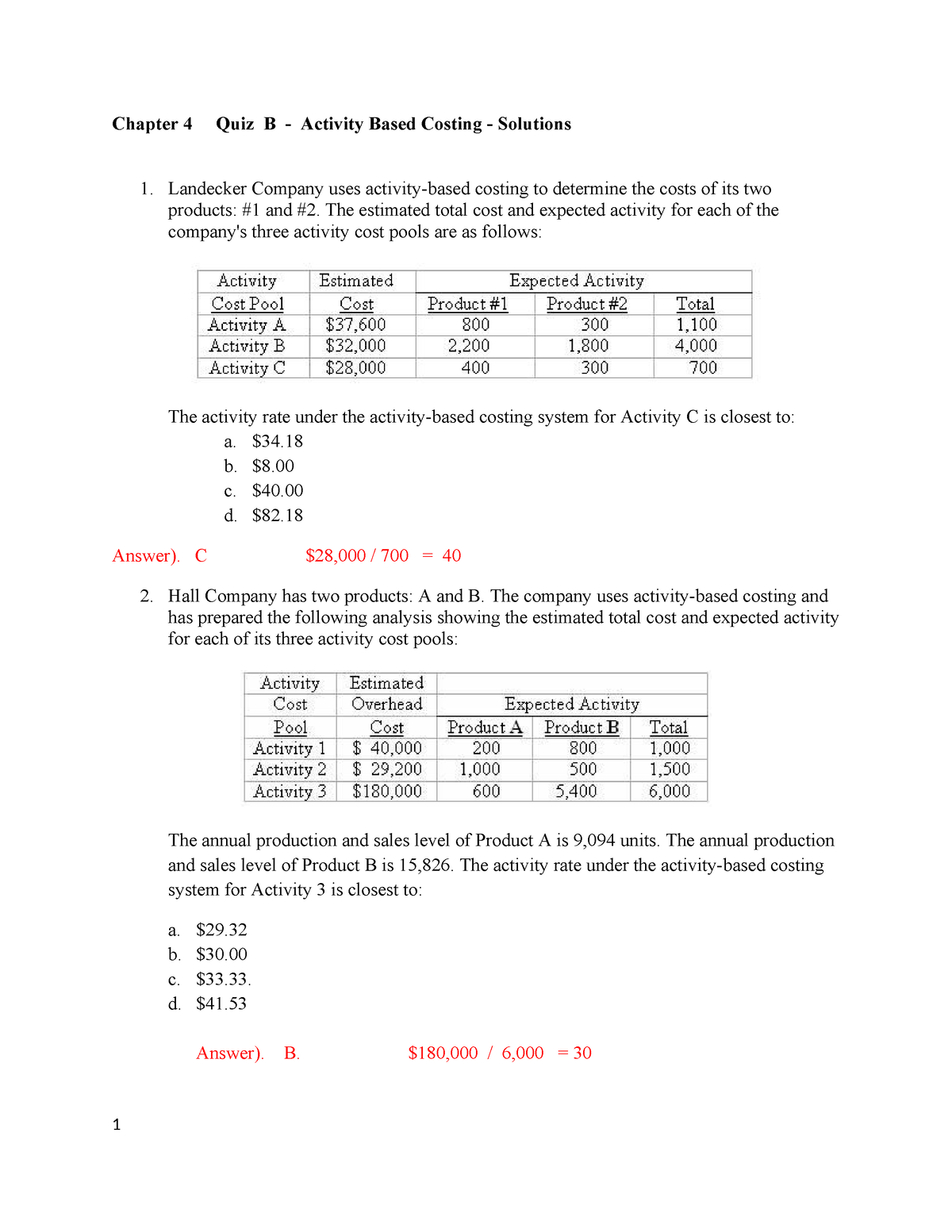 Quiz B - New - Chapter 4 Activity Based Costing - Solutions - Chapter 4 ...