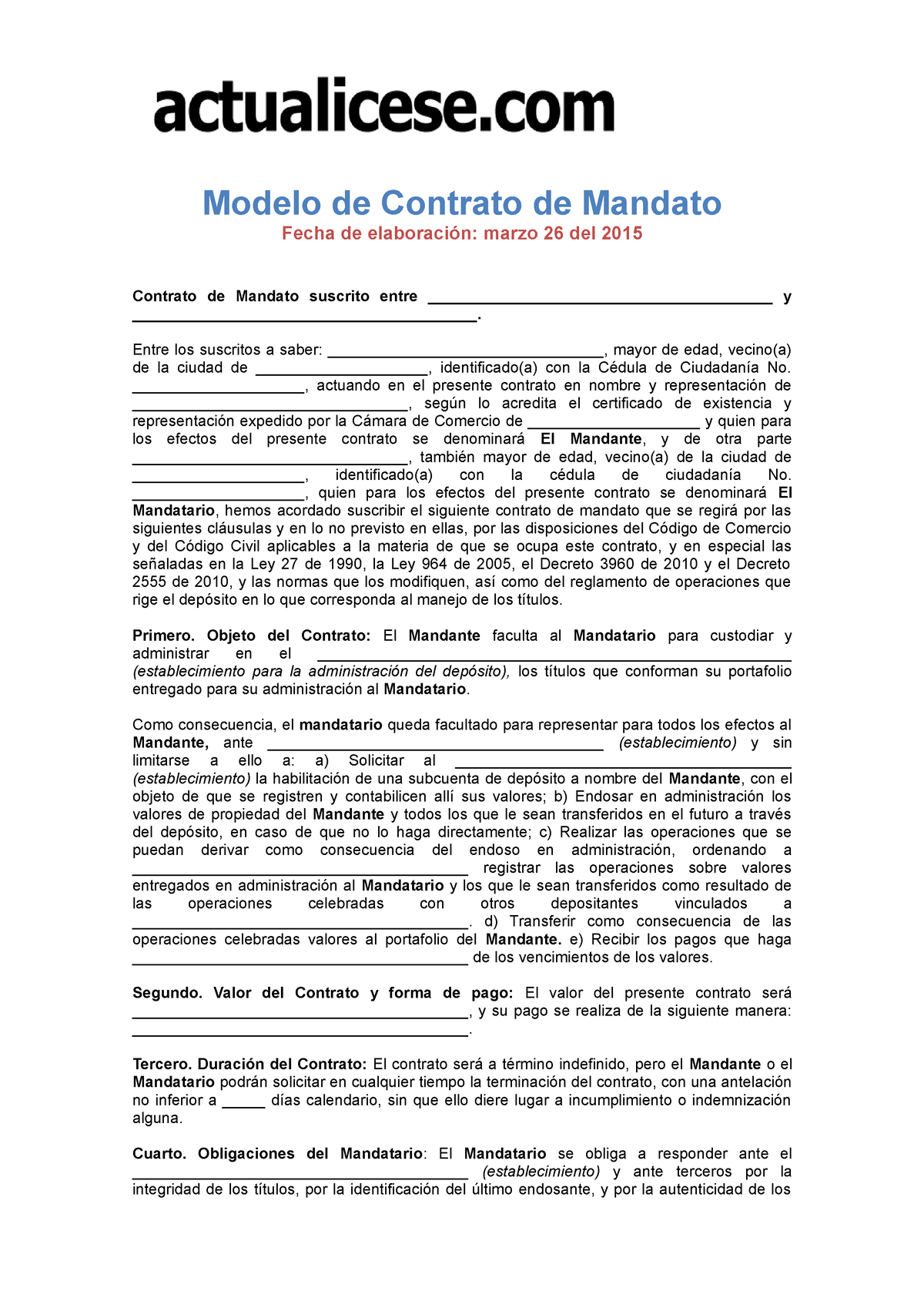 Contrato-mandato - modelo contrato mandato - Modelo de Contrato de Mandato  Fecha de elaboración: - Studocu