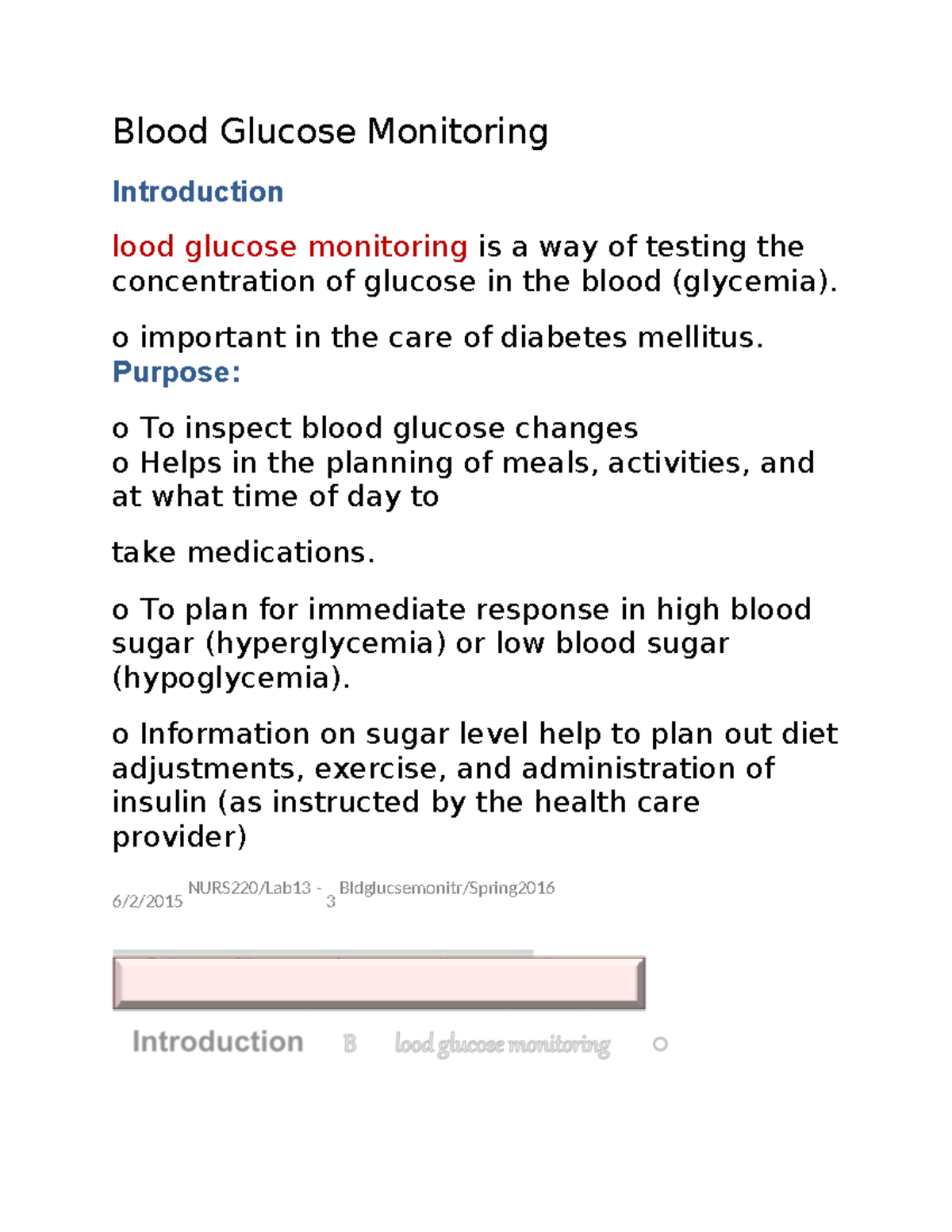 Blood Glucose Monitoring - Blood Glucose Monitoring Introduction lood ...