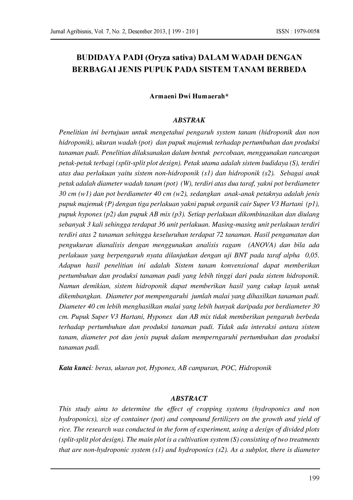 ISSN : 1979-0058 - Jurnal Agribisnis, Vol. 7, No. 2, Desember 2013 ...