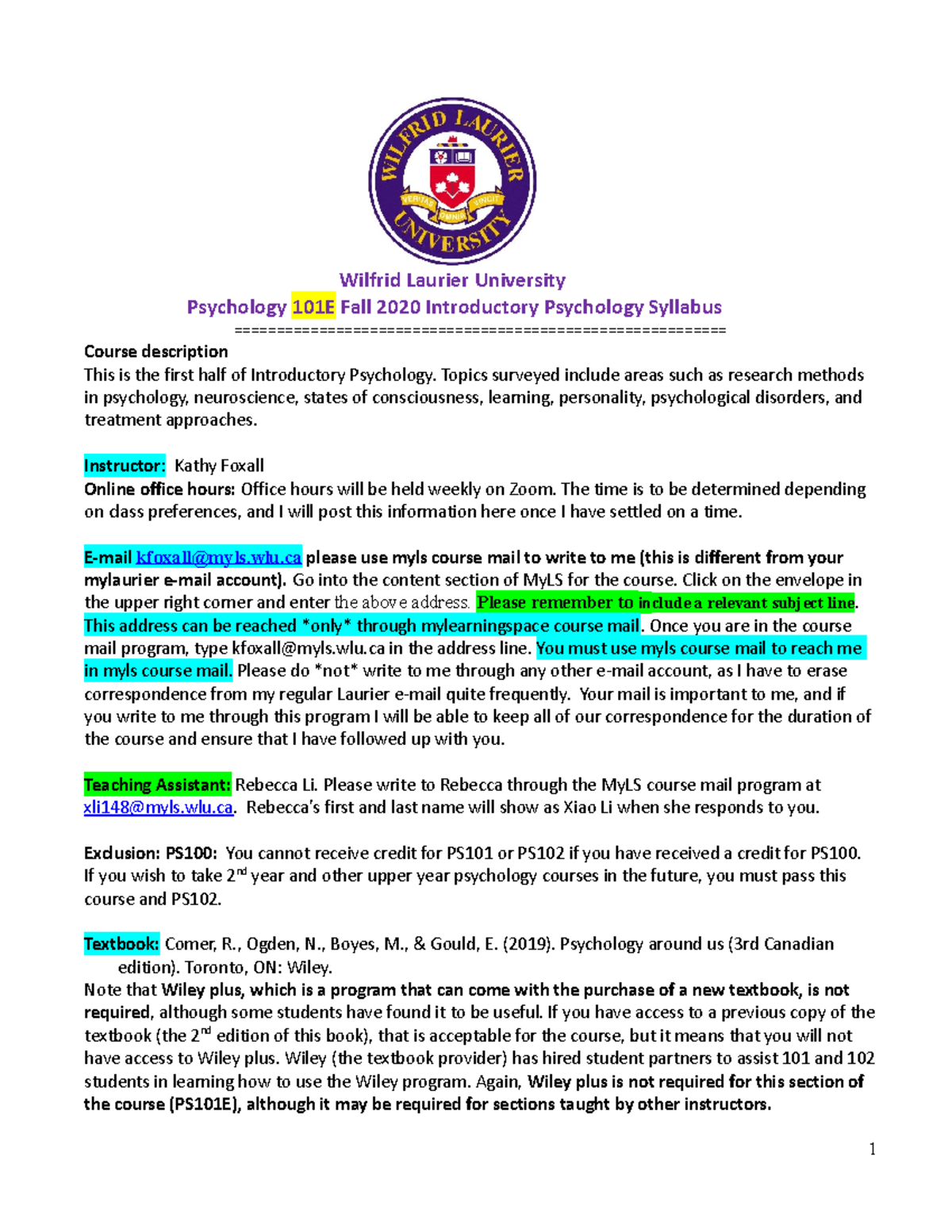 PS 101 Syllabus Wilfrid Laurier University Psychology 101E Fall 2020
