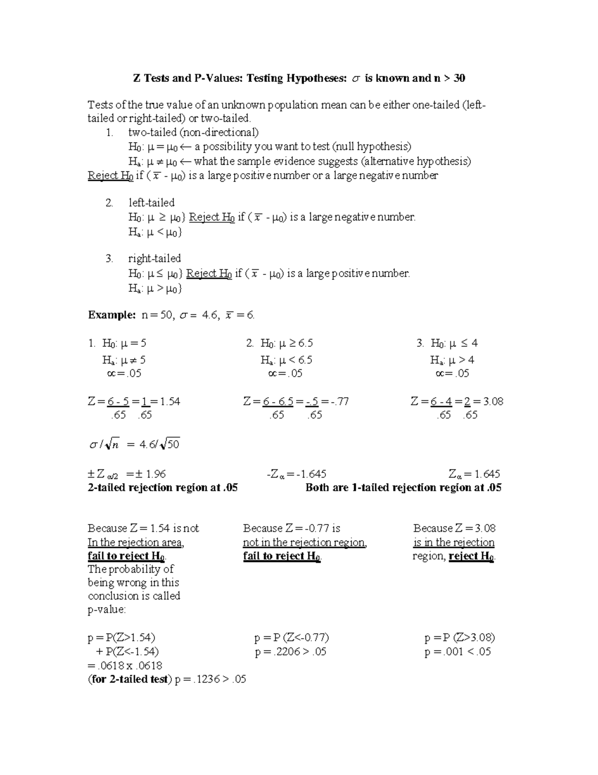 Z Tests and P Values - Z Tests and P-Values: Testing Hypotheses: σ is ...