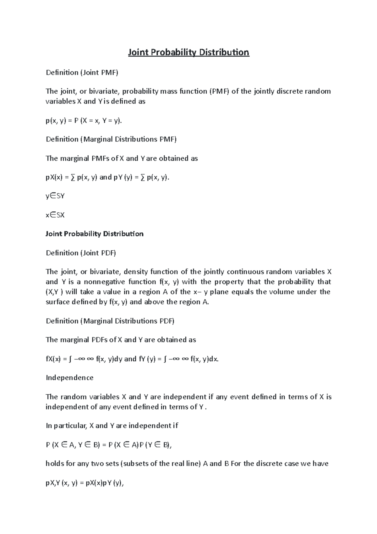 Joint Probability Distribution Joint Probability Distribution