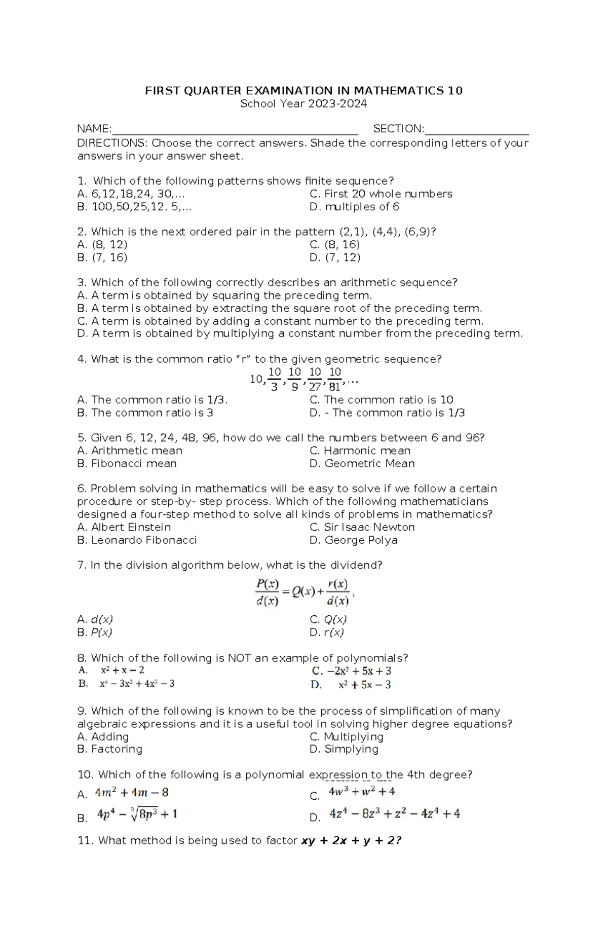 Cohort 1 1ST Periodical EXAM - FIRST QUARTER EXAMINATION IN MATHEMATICS ...