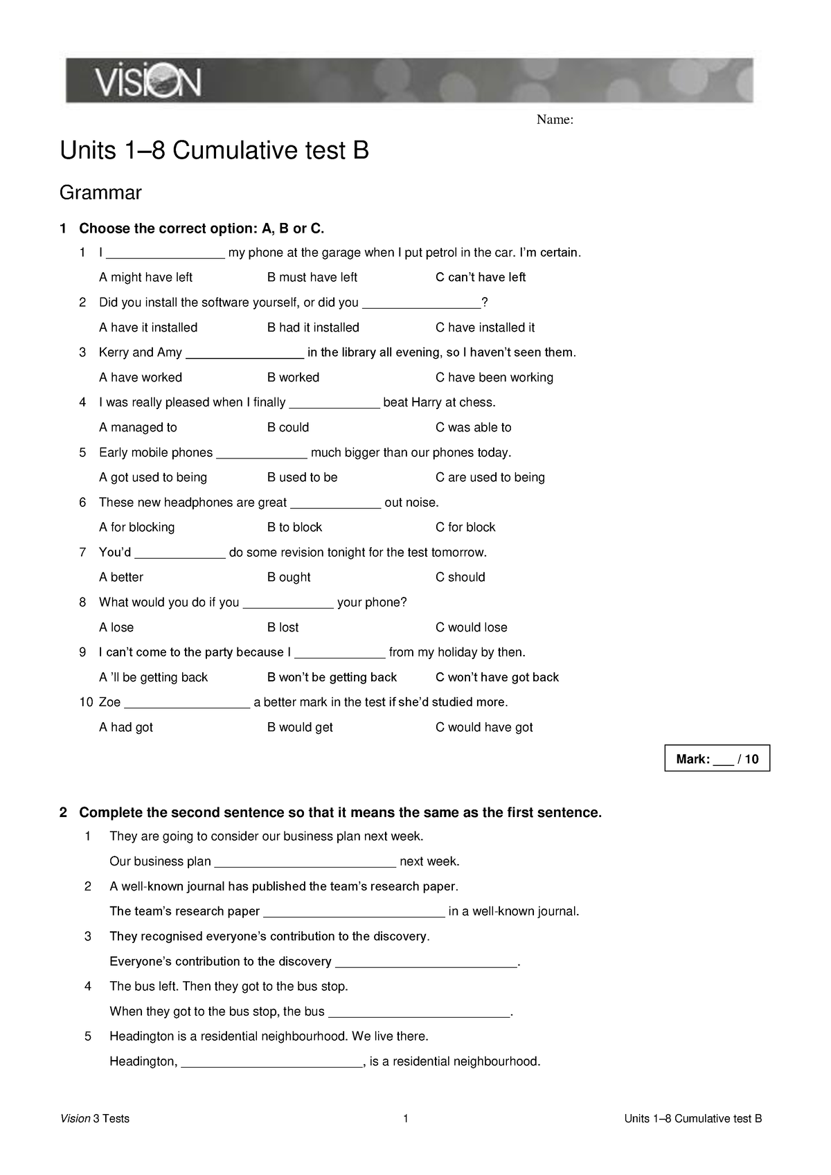 Vision L3 Cumulative Test B Units 1 8 - Name: Units 1–8 Cumulative Test ...