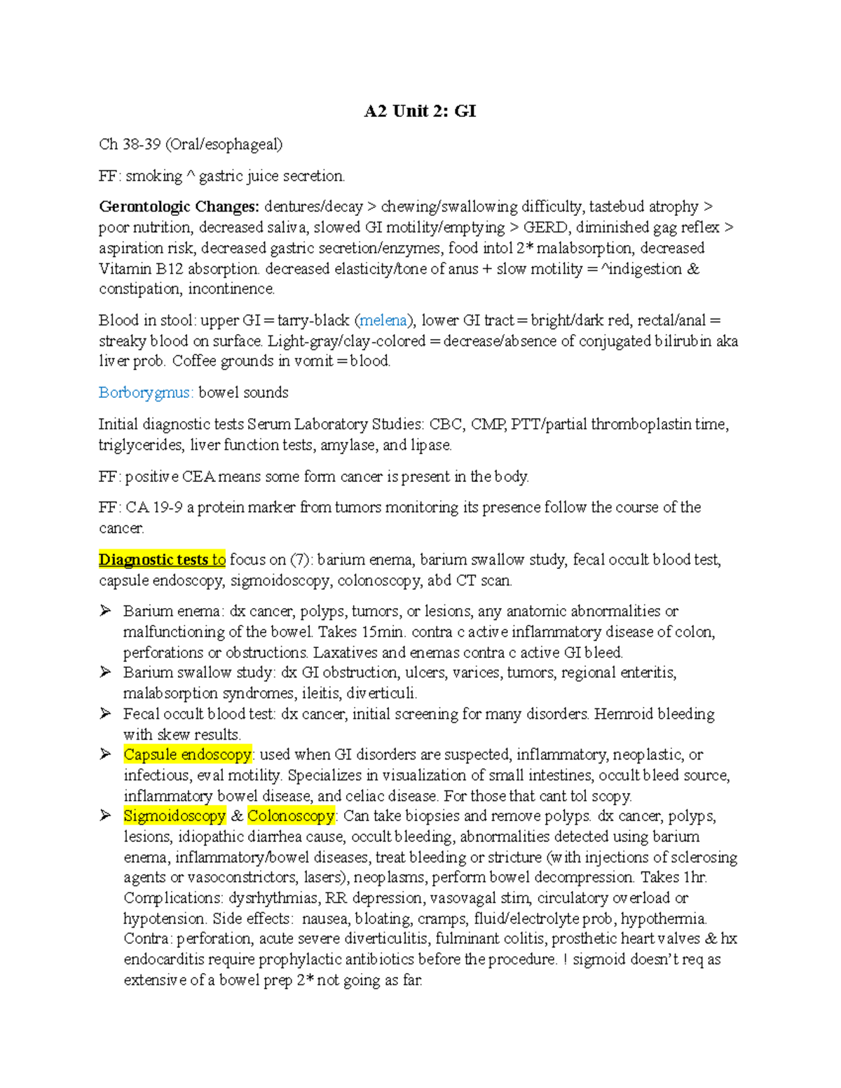 A2 Unit 2 Notes - A2 Unit 2: GI Ch 38-39 (Oral/esophageal) FF: smoking ...