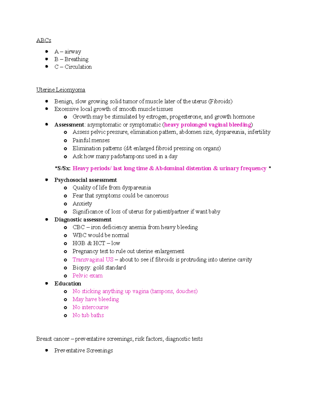MD3 Exam 1 Review Notes ABCs A airway B Breathing C Circulation
