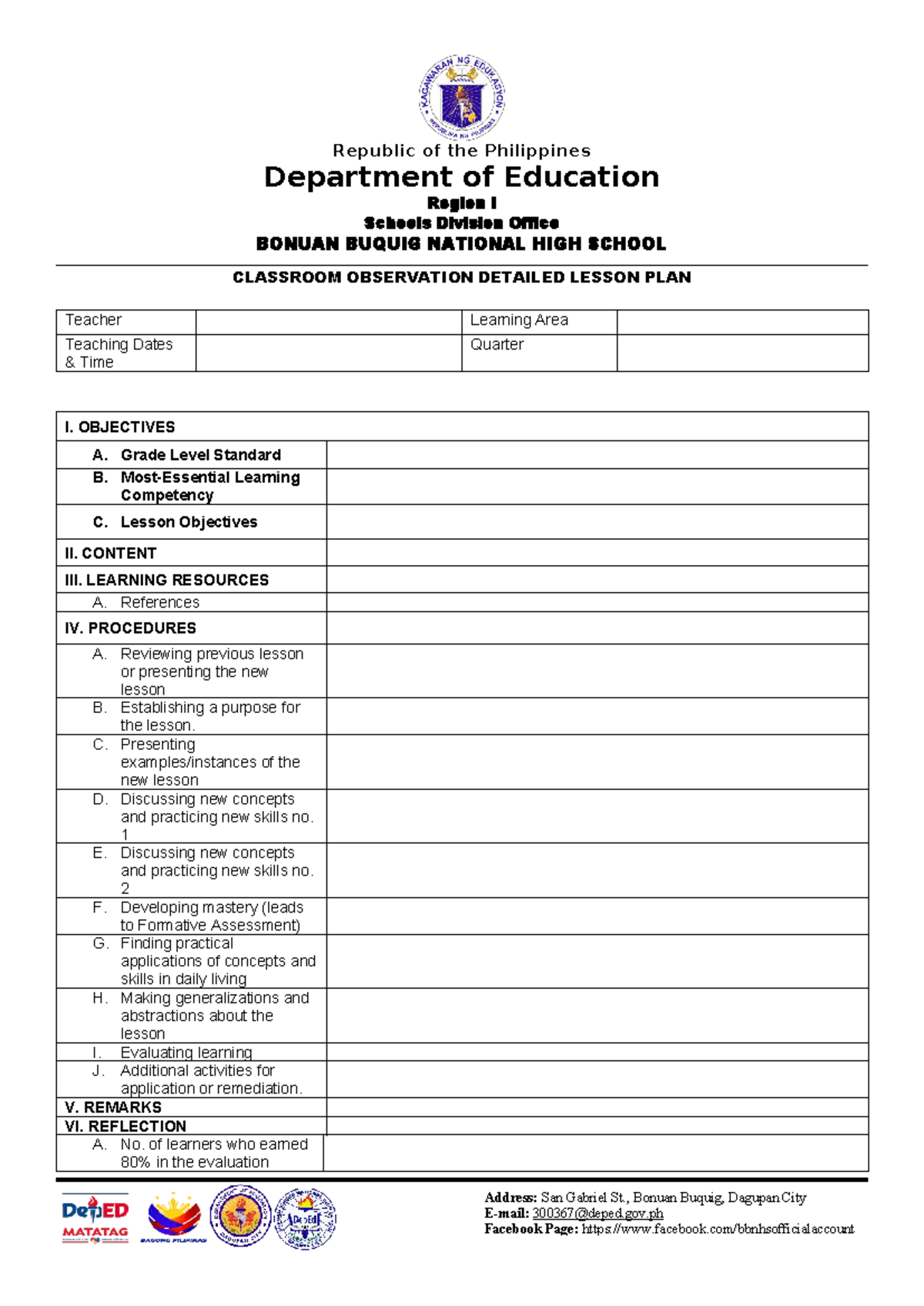 Dll Classroom Observation Republic Of The Philippines Department Of