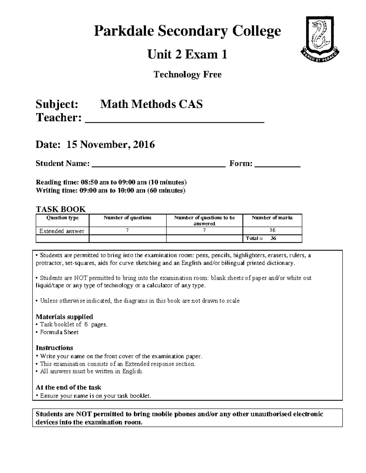 2023 Unit 2 Practice Exam Calc Free Parkdale Secondary College Unit 2