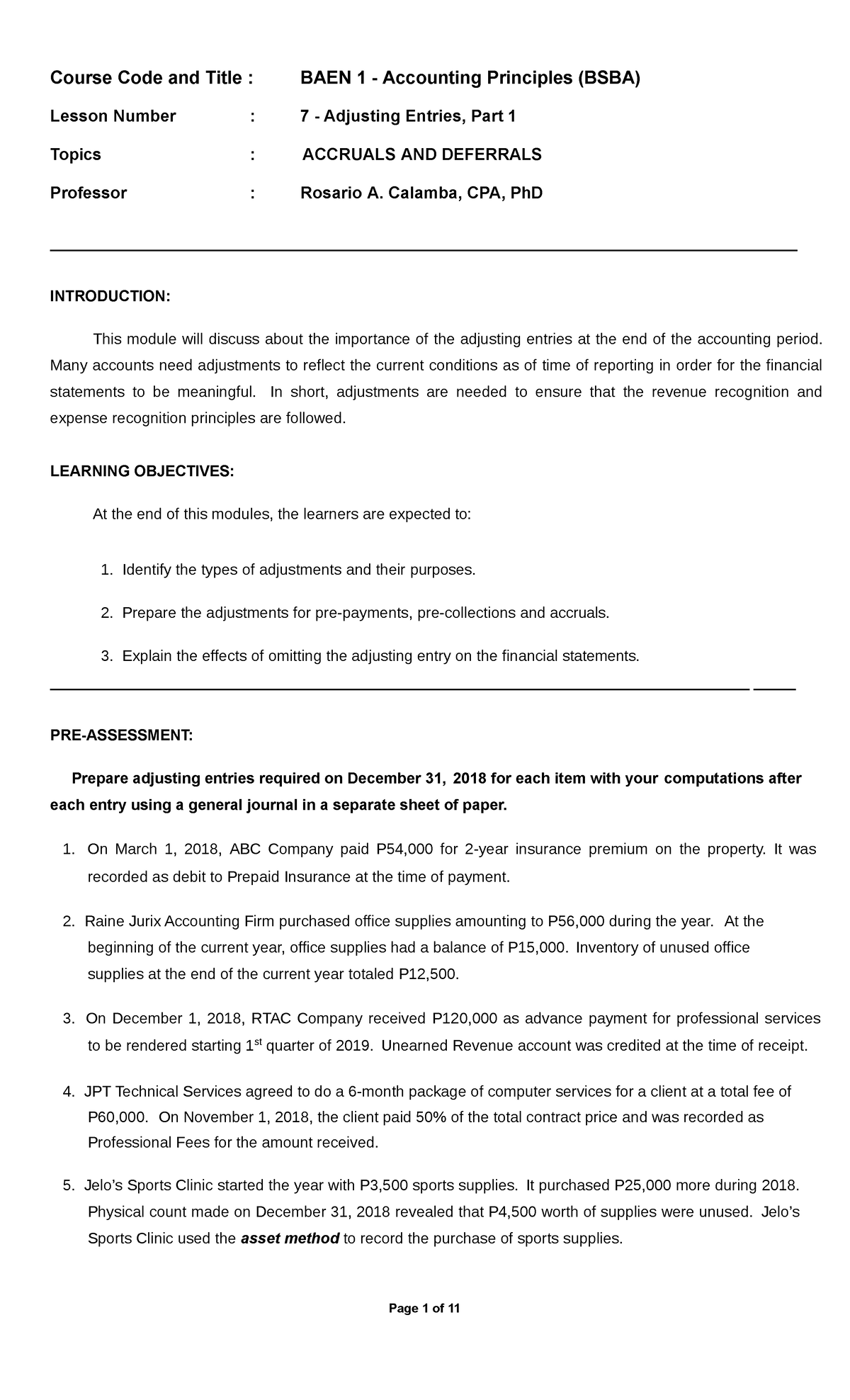 Adjusting Entries - Calamba, CPA, PhD INTRODUCTION: This module will ...