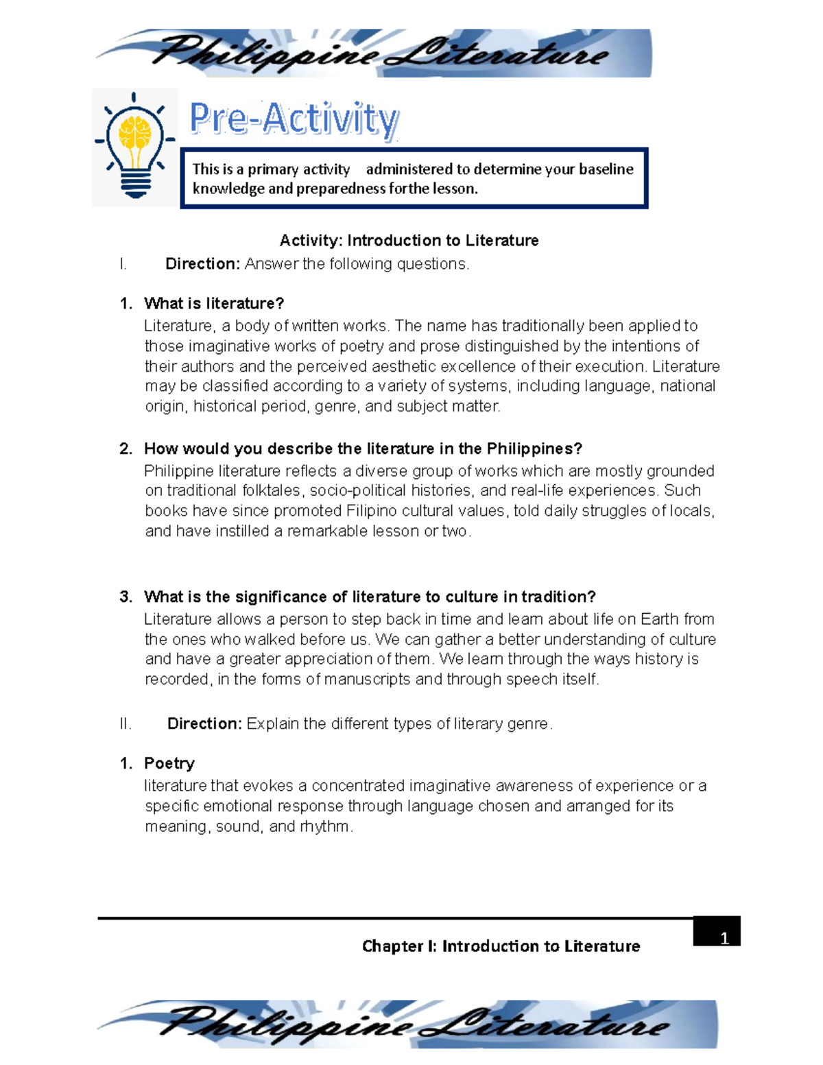 Chapter 1 - Preactivity - Introduction TO Literature Module - Activity ...