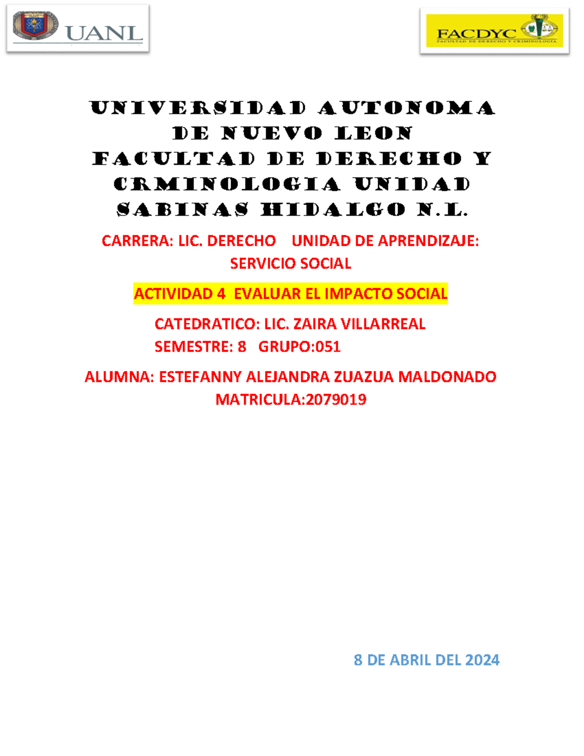 Act 4 servicio social - Apuntes - UNIVERSIDAD AUTONOMA DE NUEVO LEON ...