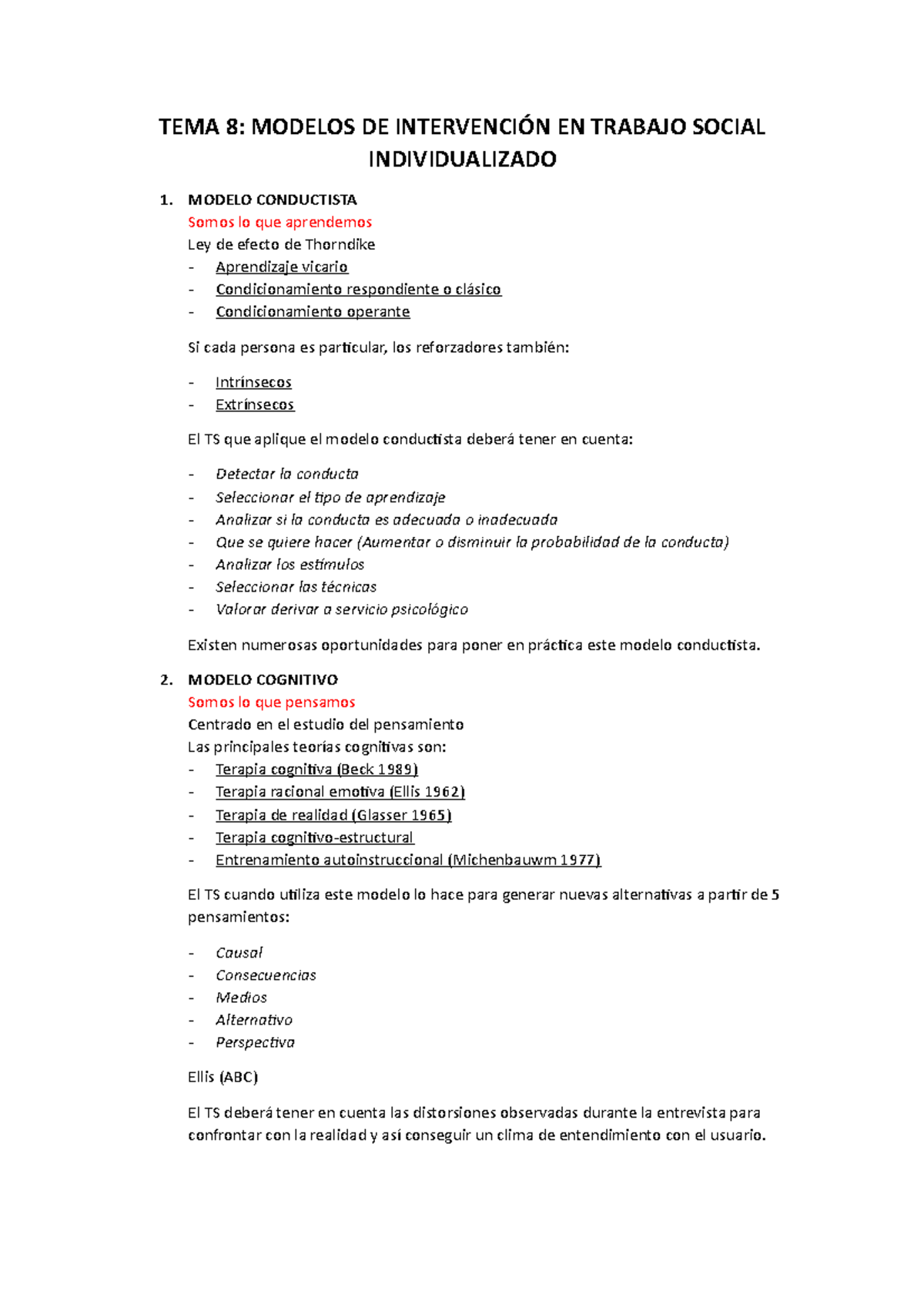 Esquema Tema 8 Tema 8 Modelos De IntervenciÓn En Trabajo Social