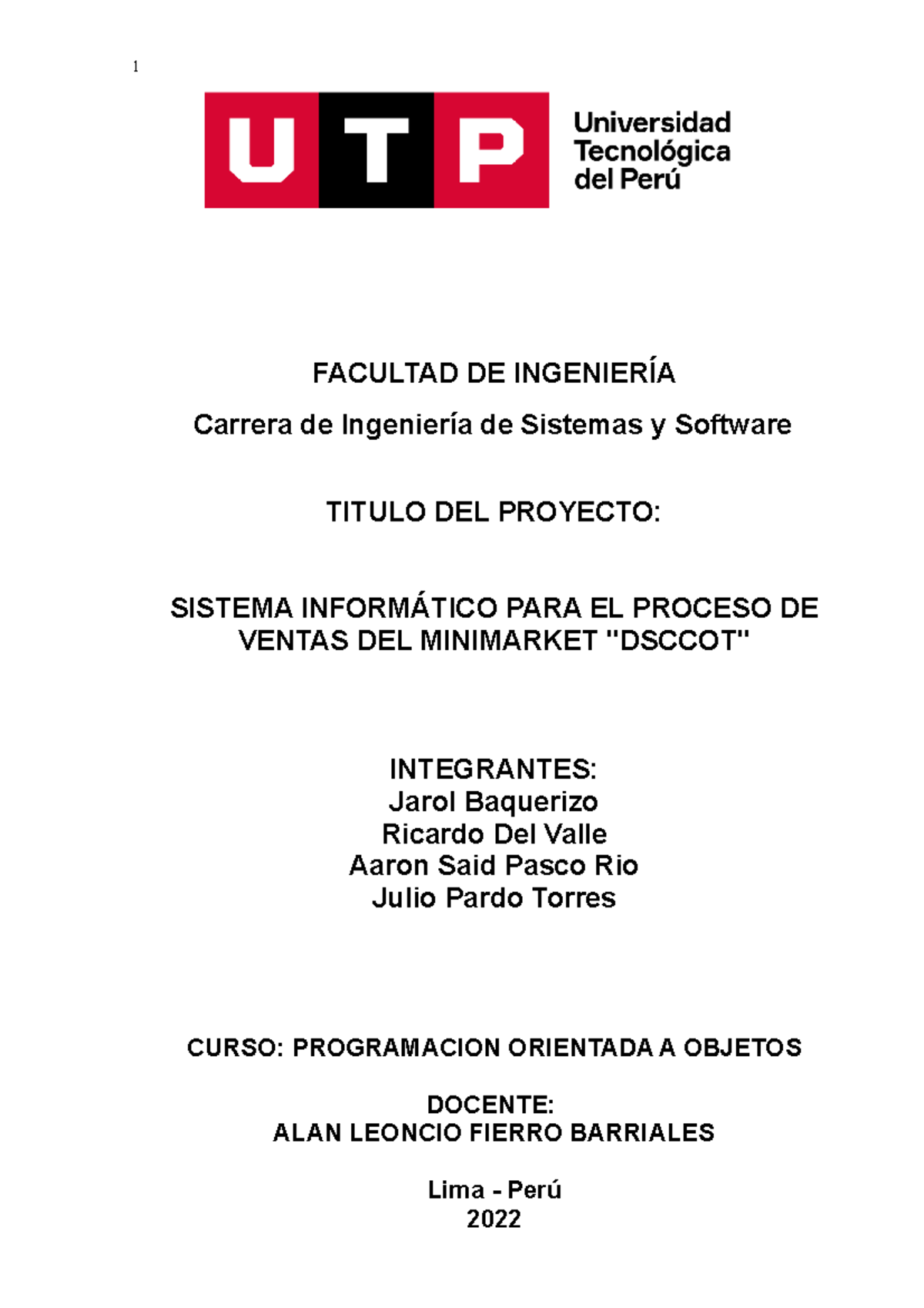 Proyecto de Curso Programación Orientada a Objetos - FACULTAD DE ...