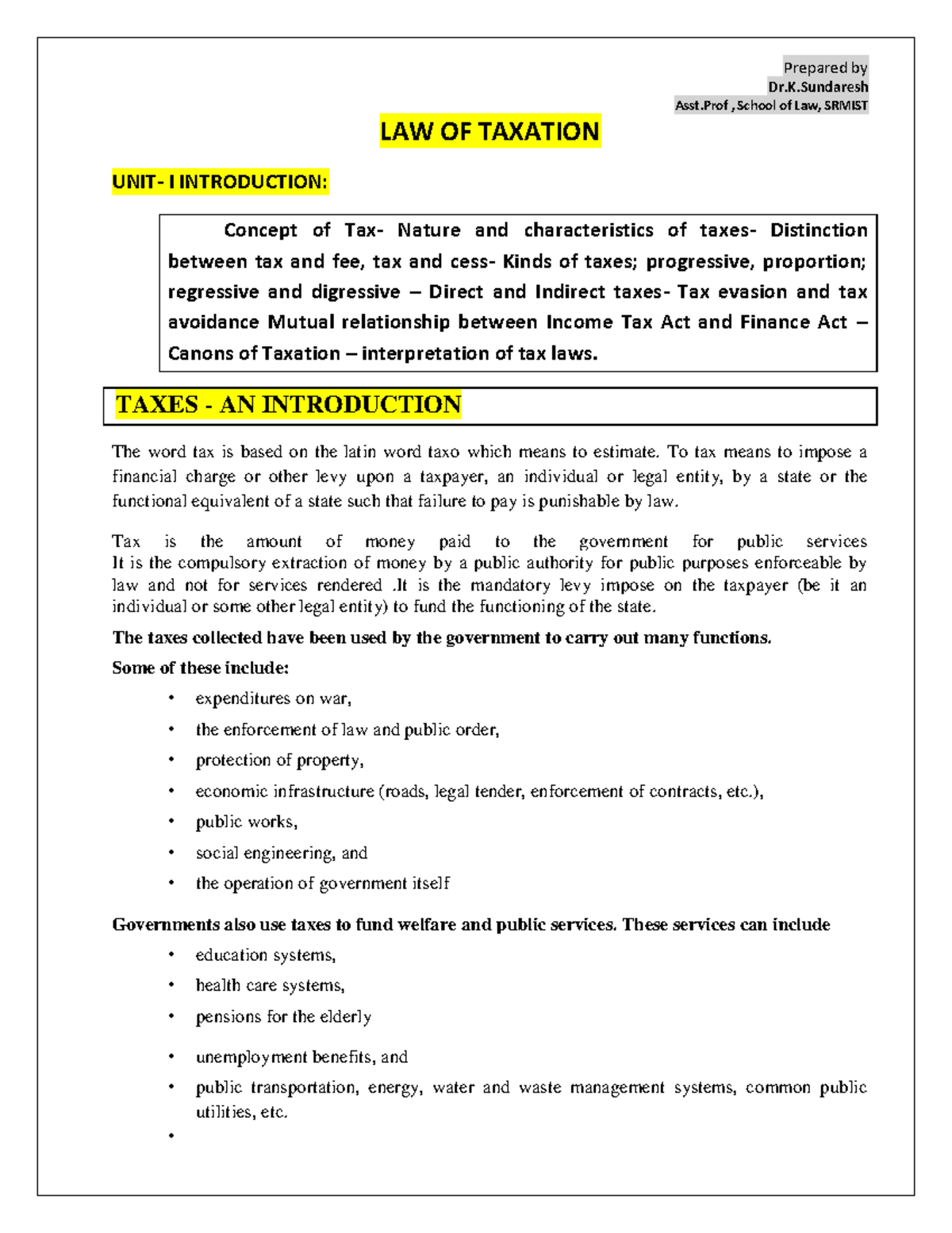 Unit-1 Law Of Taxation Srmist - Dr.K Asst , School Of Law, SRMIST LAW ...