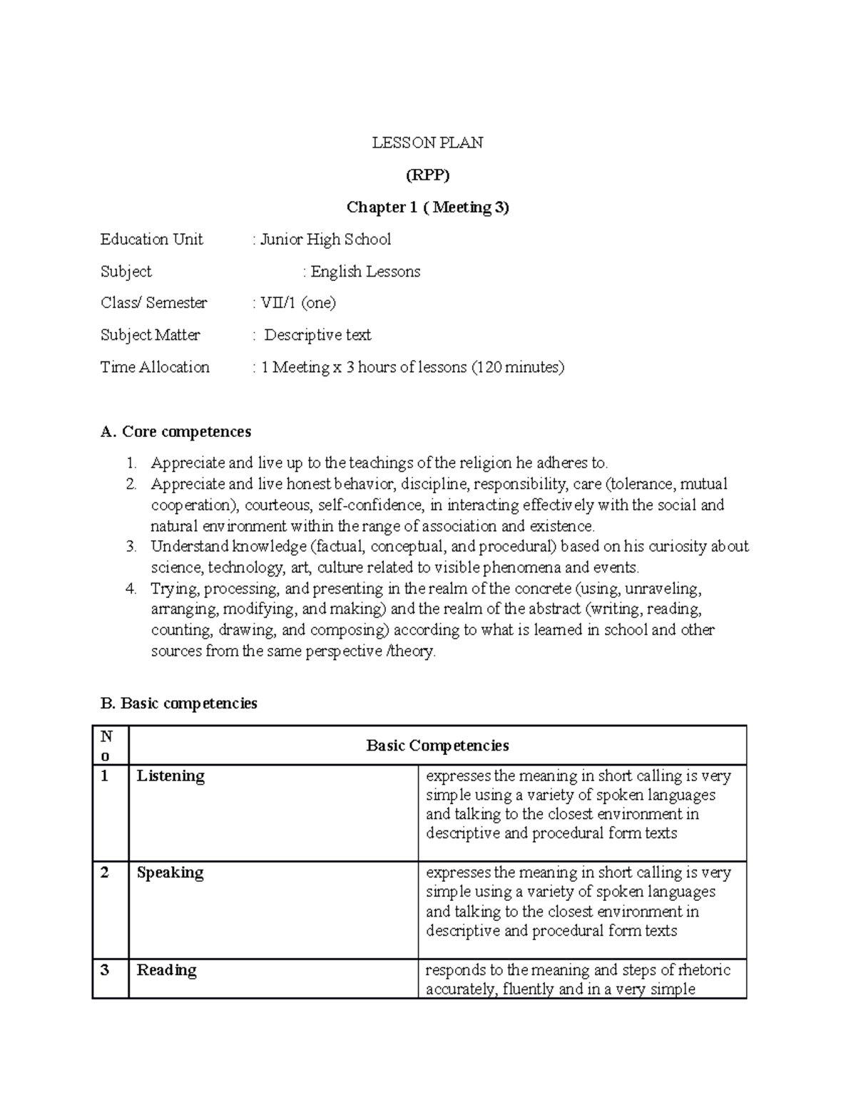 Lesson PLAN 3 - Rencana Pembelajaran - LESSON PLAN (RPP) Chapter 1 ...