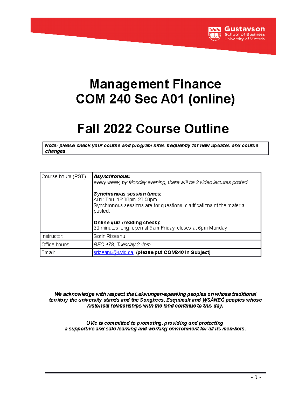 A. Course Outline Fall 2022 - A01 - Management Finance COM 240 Sec A01 ...