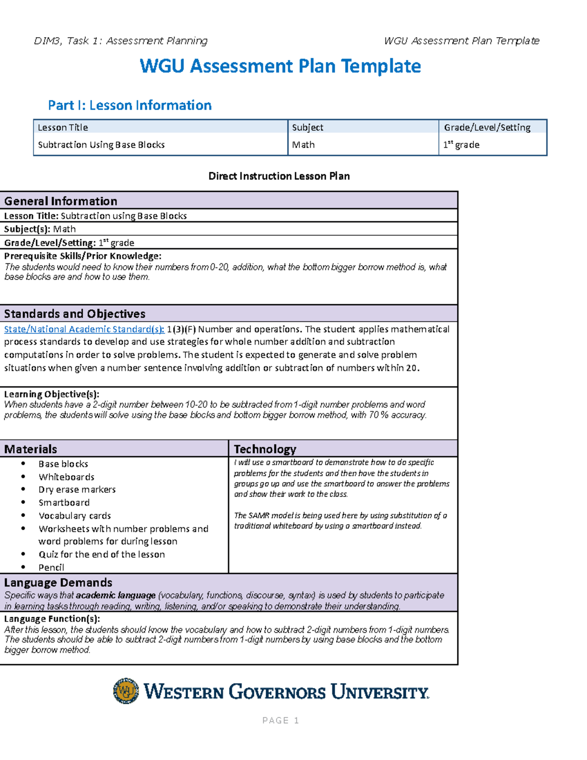 Task 1 Final Skyler Hall - WGU Assessment Plan Template Part I: Lesson ...