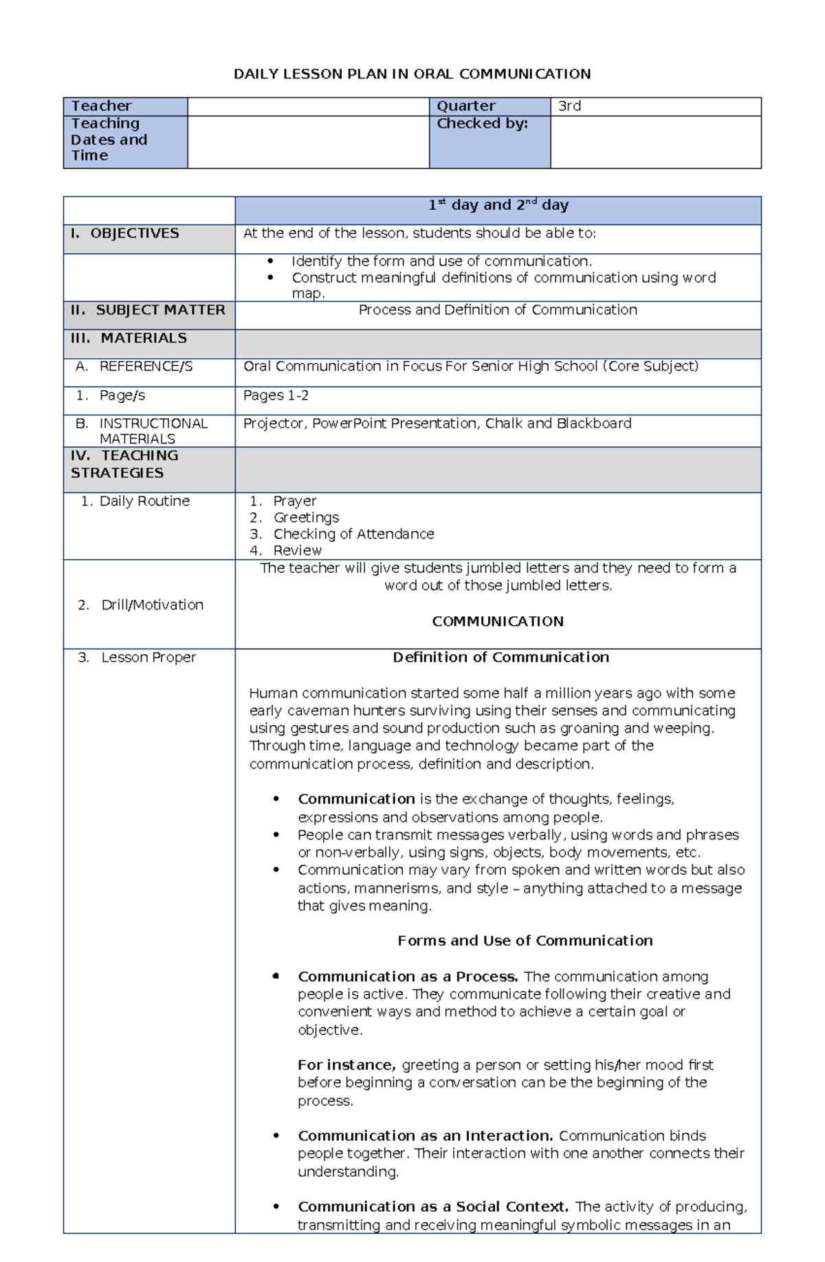 W1 LP (ORAL COM) - Sample Lesson Plan, Oral Com - DAILY LESSON PLAN IN ...