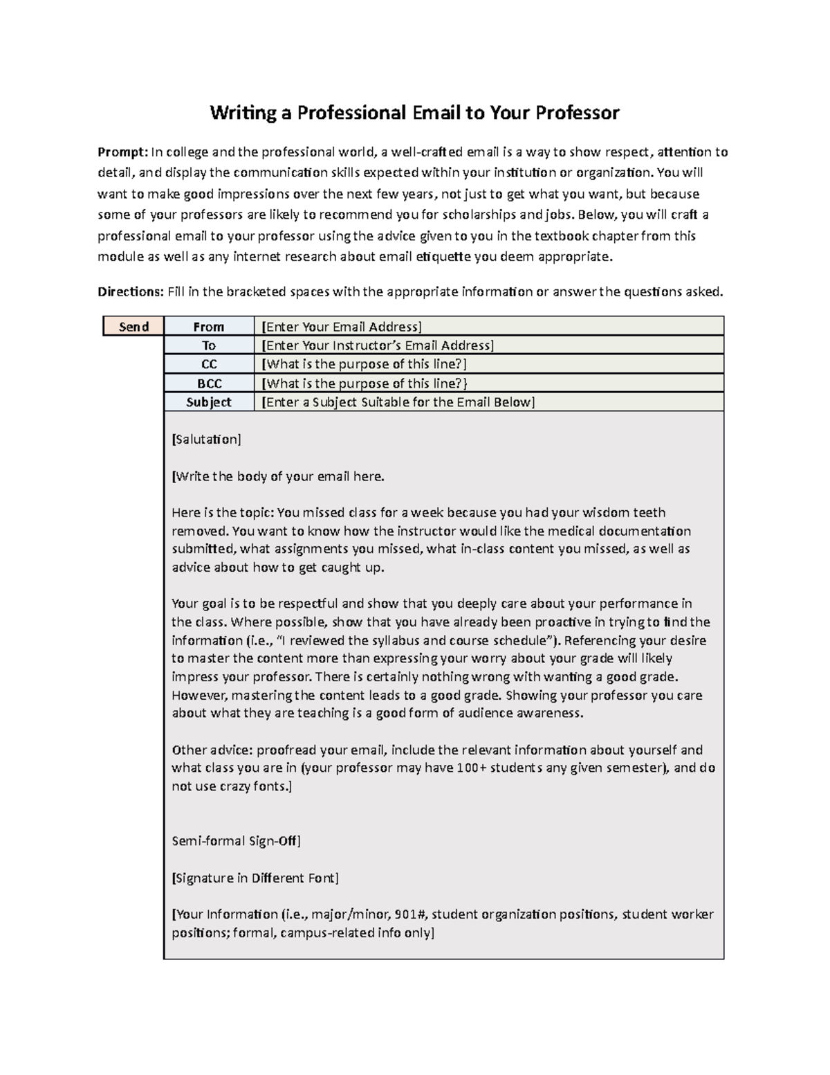 Assignment Writing A Professional Email To Your Professor Writing A 