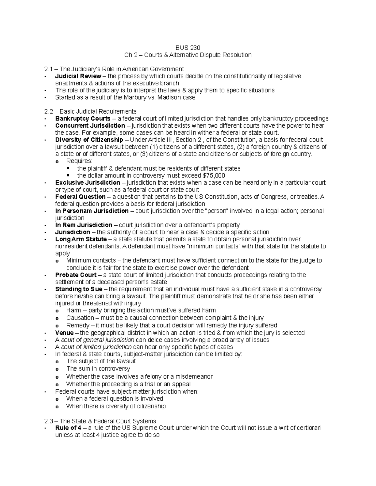 BUS Ch 2 book notes - Summary The Legal Environment of Business - BUS ...