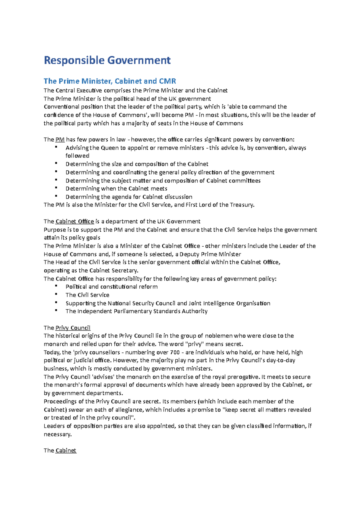 Prepare 4 Lecture 4 notes for Public Law I Responsible Government