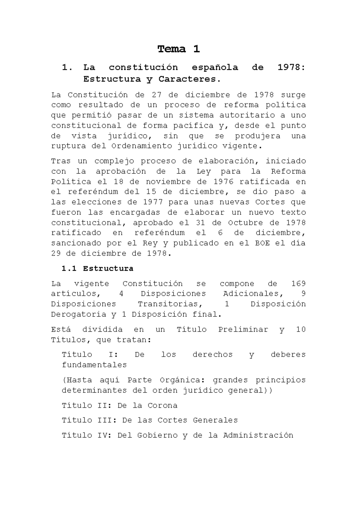 Tema 1 La Constitución Española De 1978: Estructura Y Caracteres. Los ...