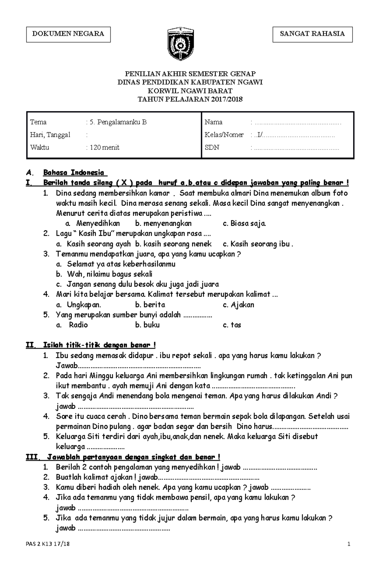 Soal PAS Tema 5 B Kls 1 - Soal - PENILIAN AKHIR SEMESTER GENAP DINAS ...